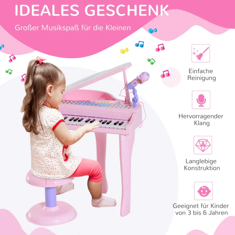 Children's Keyboard with 37 Keys, Microphone, LED Learning Mode, Recording Function, Pink - Image 4