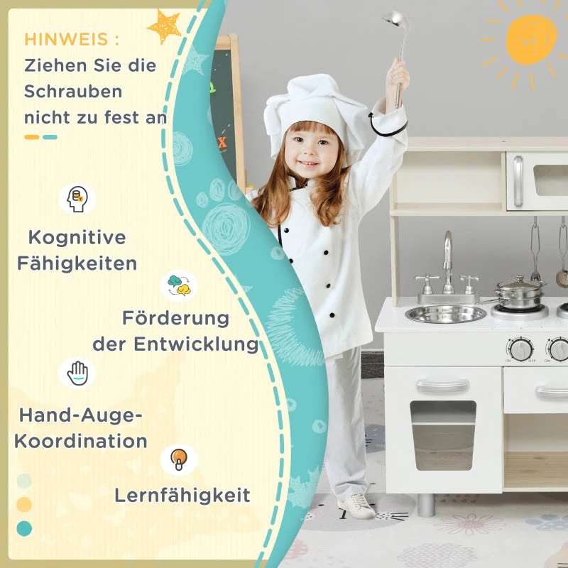 Children's Kitchen Playset with Accessories and Storage for Ages 3+, Pine and MDF, White - Image 4
