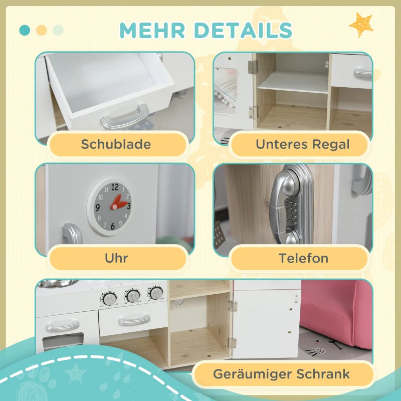 Children's Kitchen Playset with Accessories and Storage for Ages 3+, Pine and MDF, White - Image 6