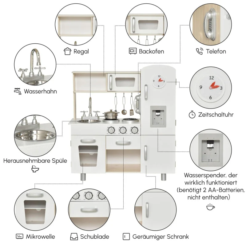 Children's Kitchen Playset with Accessories and Storage for Ages 3+, Pine and MDF, White - Image 7