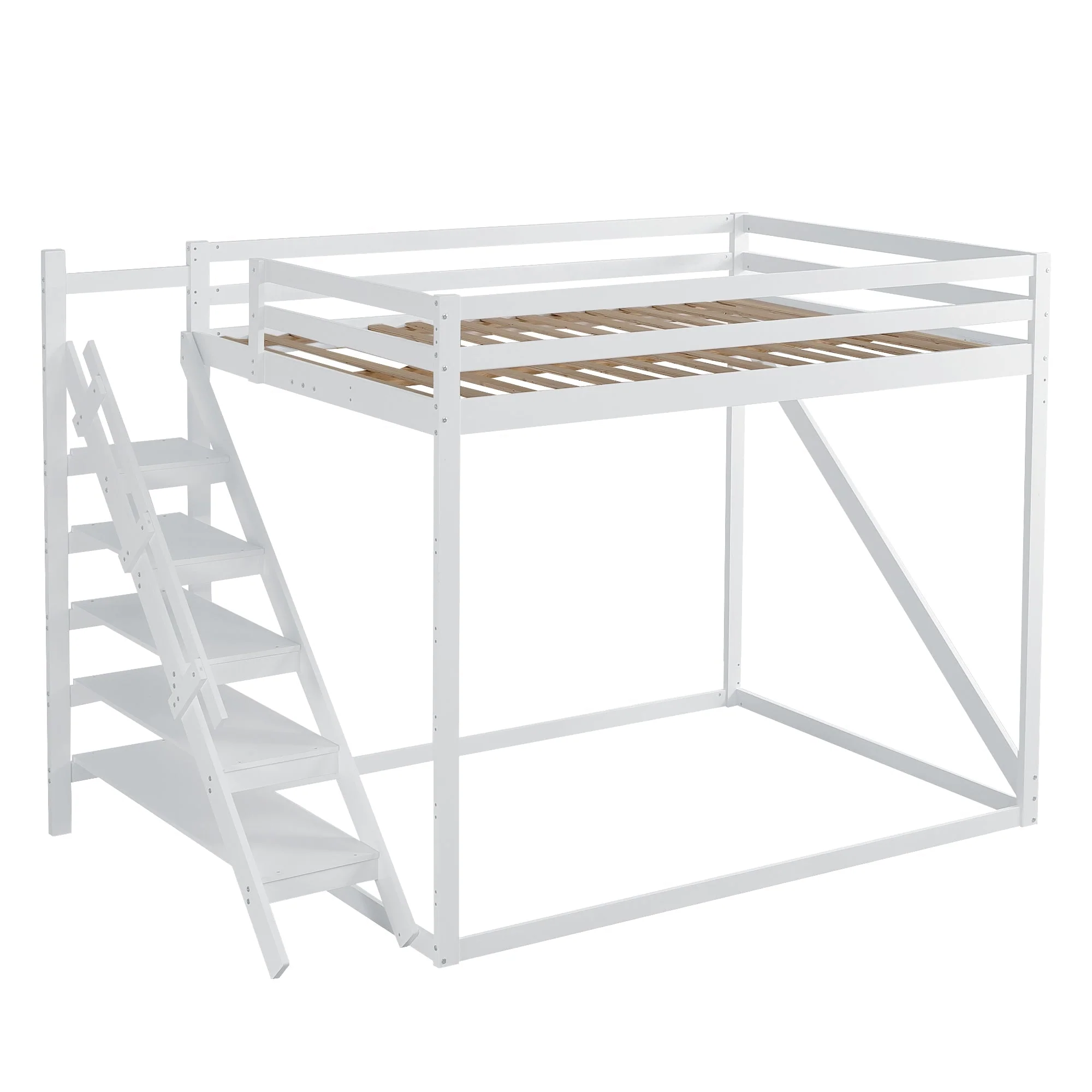 Children's Loft Bed 140x200, Solid Wood with Safety Ladder, White - Image 9