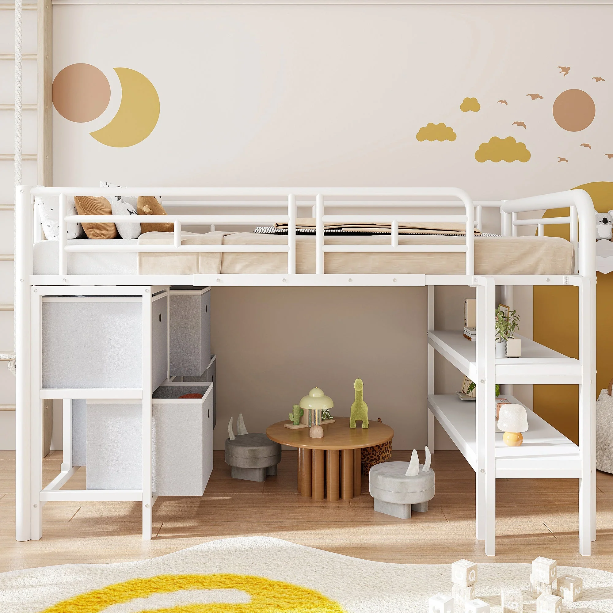 Children's Loft Bed 90x200 with Storage Stairs and Drawers, White Metal - Image 3