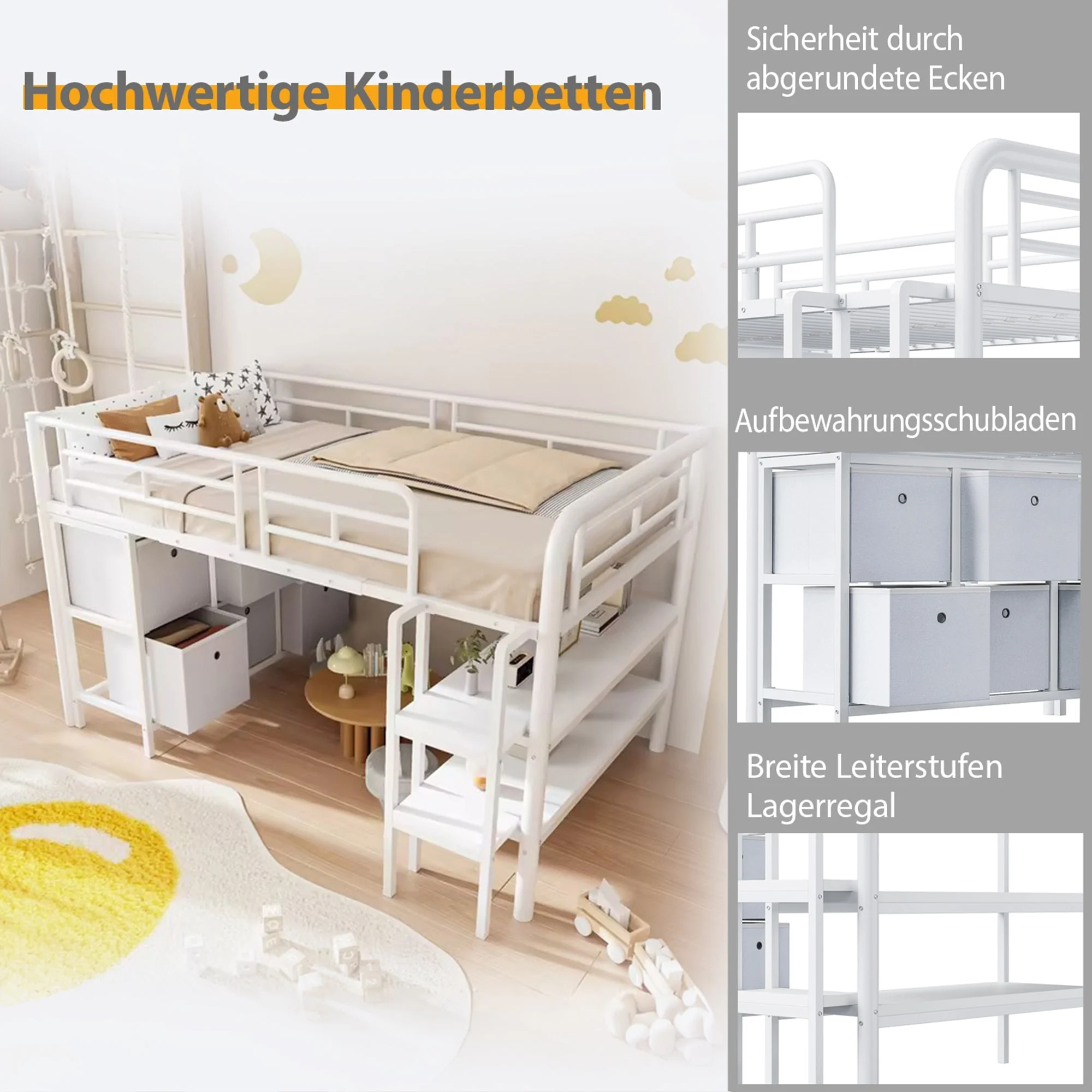 Children's Loft Bed 90x200 with Storage Stairs and Drawers, White Metal - Image 4