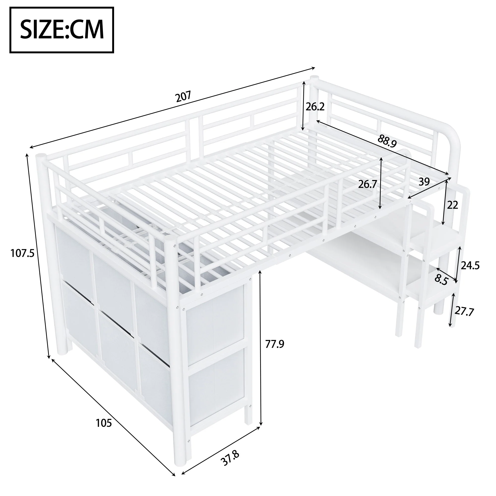 Children's Loft Bed 90x200 with Storage Stairs and Drawers, White Metal - Image 5