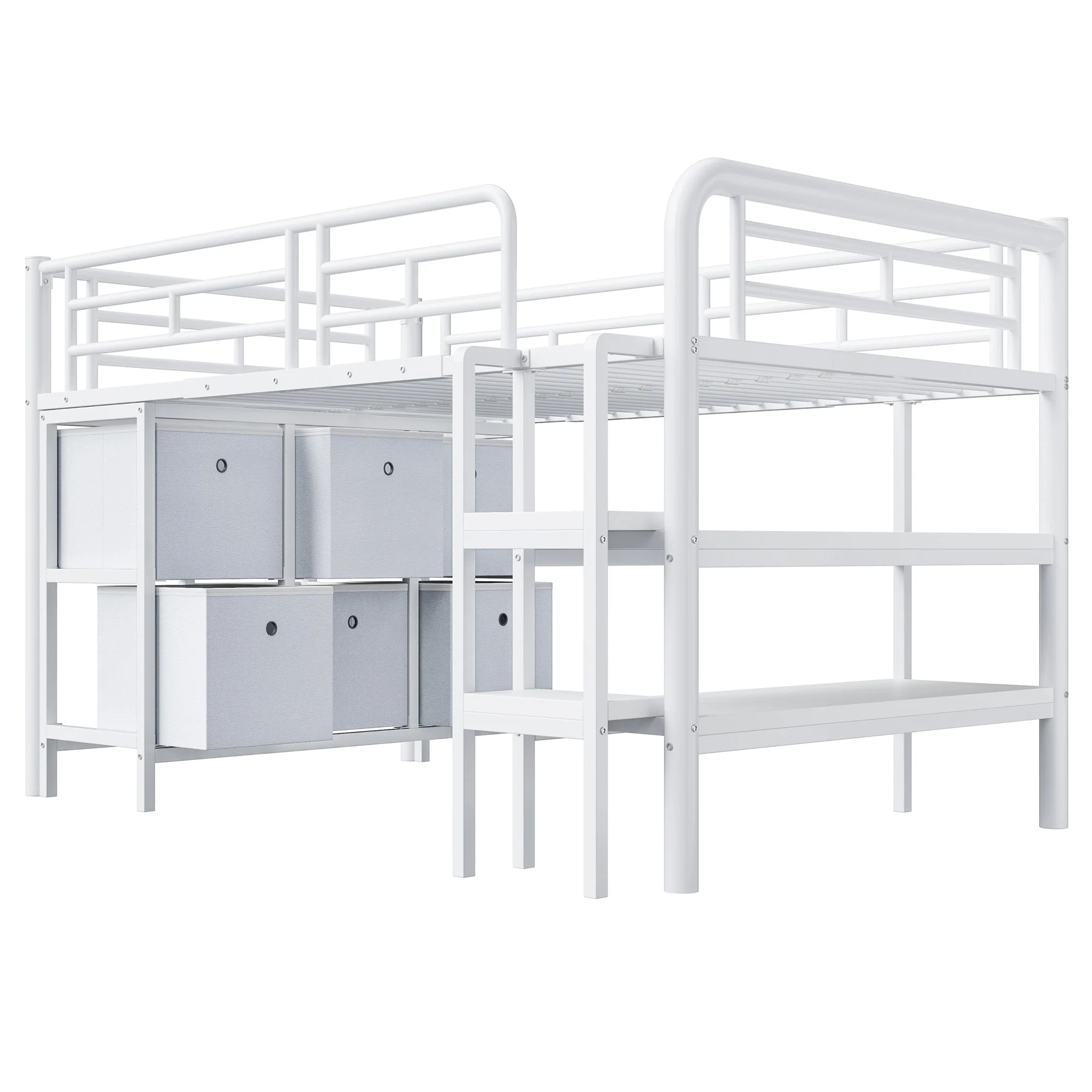 Children's Loft Bed 90x200 with Storage Stairs and Drawers, White Metal - Image 6