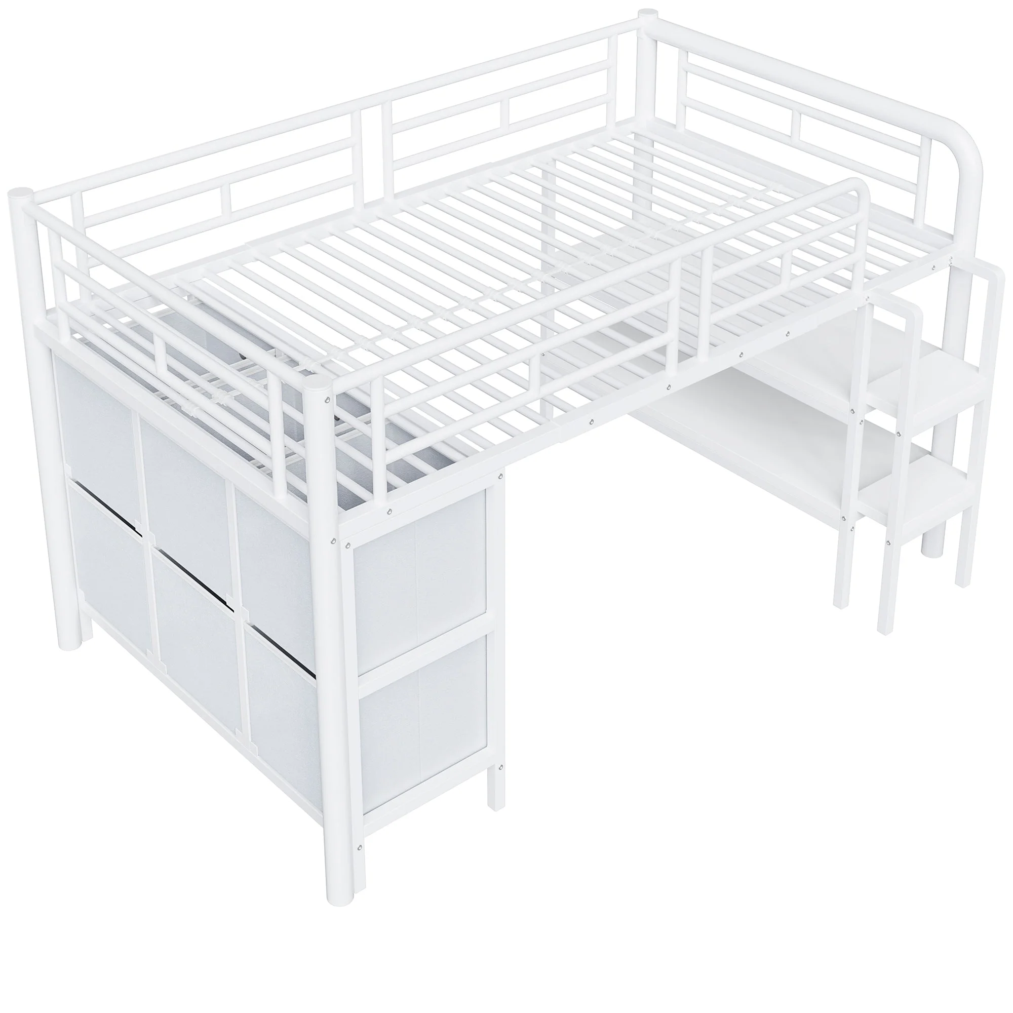 Children's Loft Bed 90x200 with Storage Stairs and Drawers, White Metal - Image 7