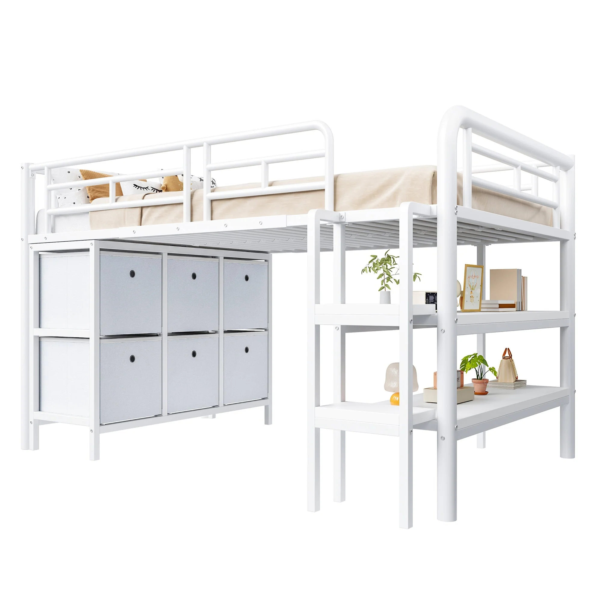 Children's Loft Bed 90x200 with Storage Stairs and Drawers, White Metal - Image 8