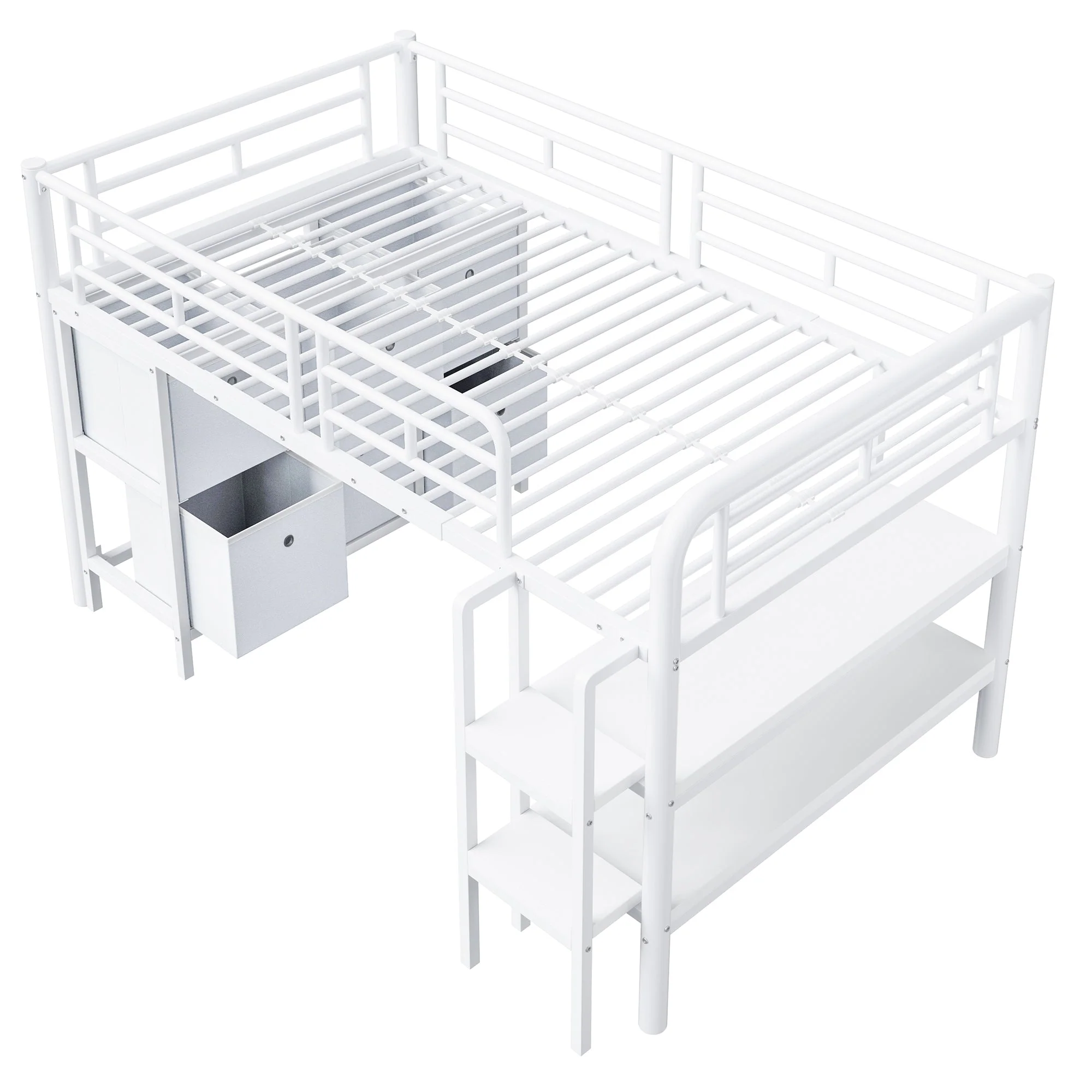 Children's Loft Bed 90x200 with Storage Stairs and Drawers, White Metal - Image 9