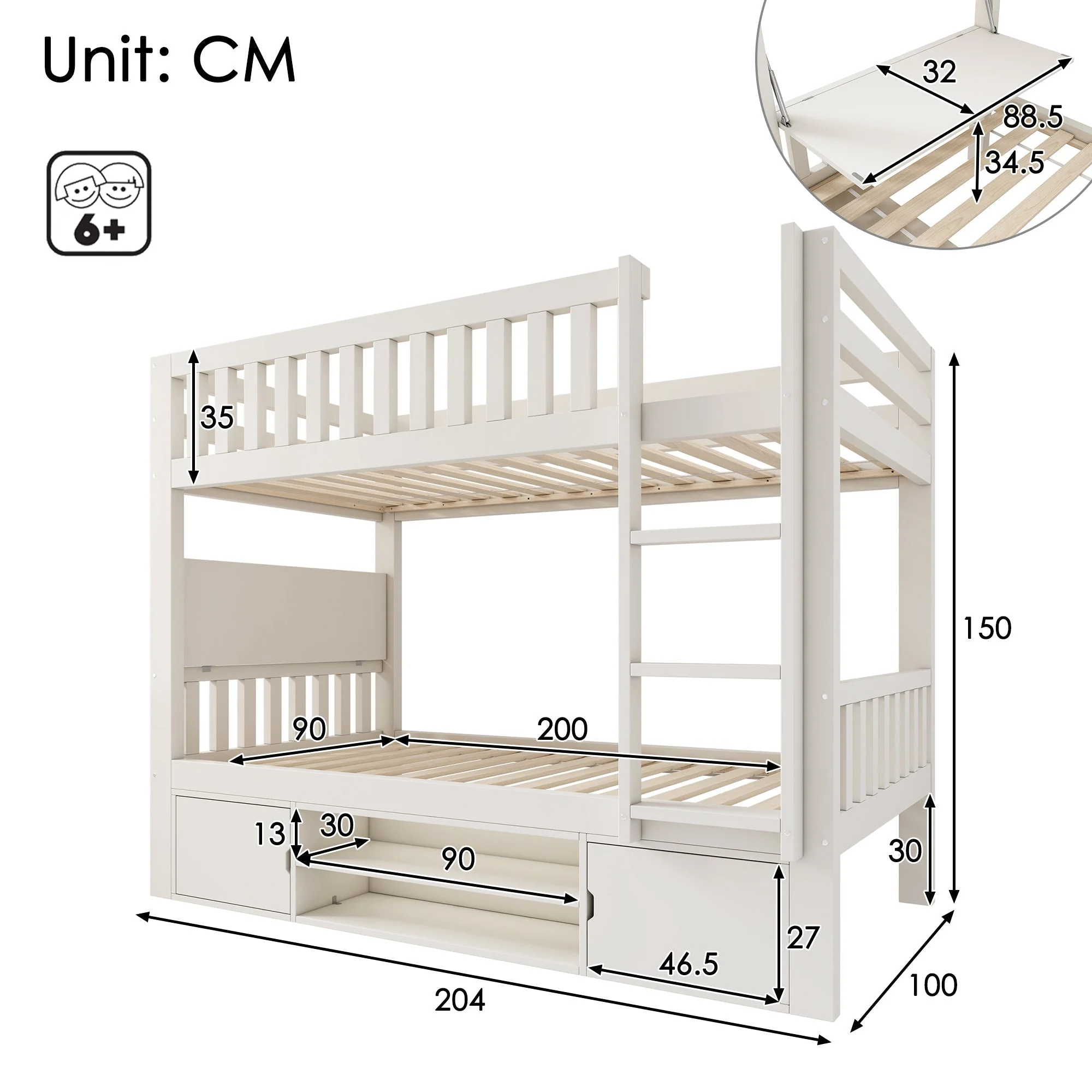 Children's Loft Bed 90x200cm with Fold-down Tabletop and Integrated Shoe Rack, White - Image 2