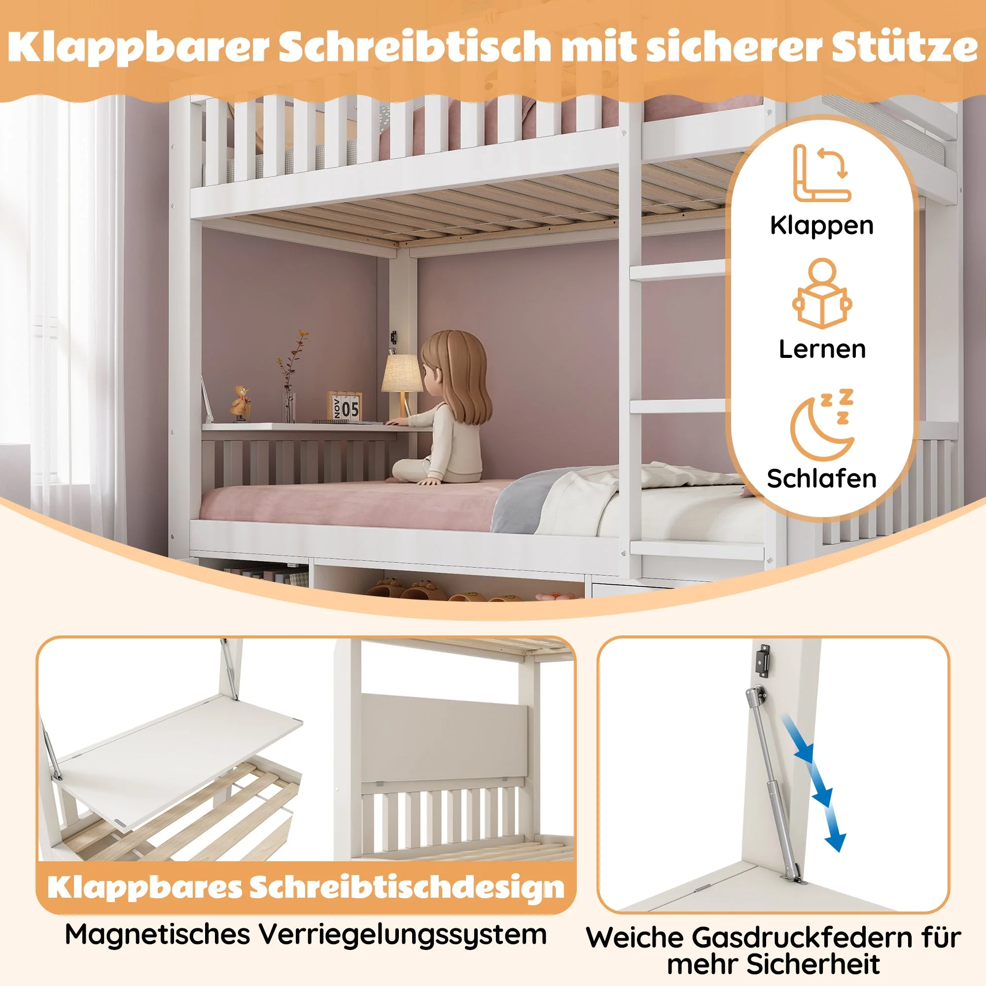 Children's Loft Bed 90x200cm with Fold-down Tabletop and Integrated Shoe Rack, White - Image 4