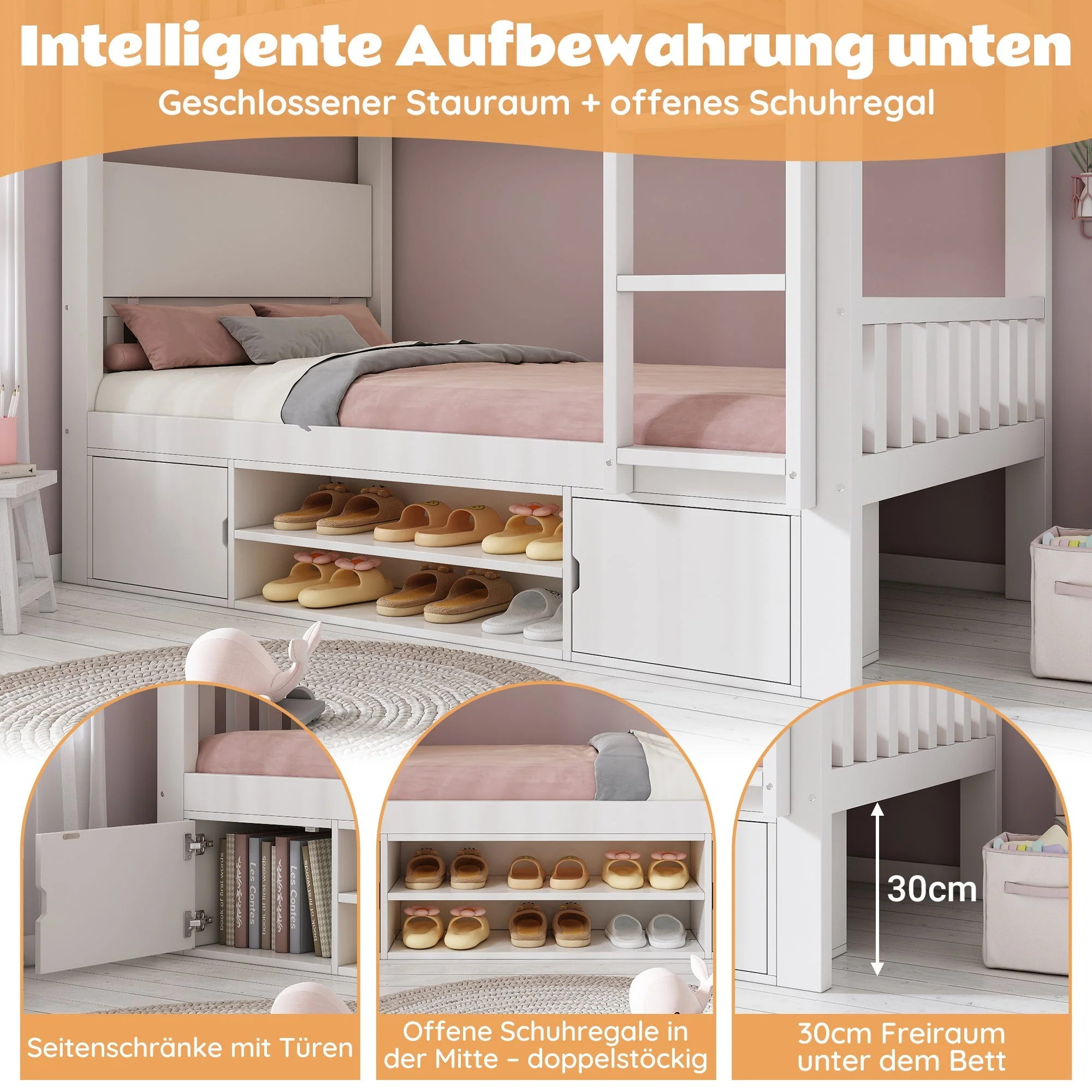 Children's Loft Bed 90x200cm with Fold-down Tabletop and Integrated Shoe Rack, White - Image 5