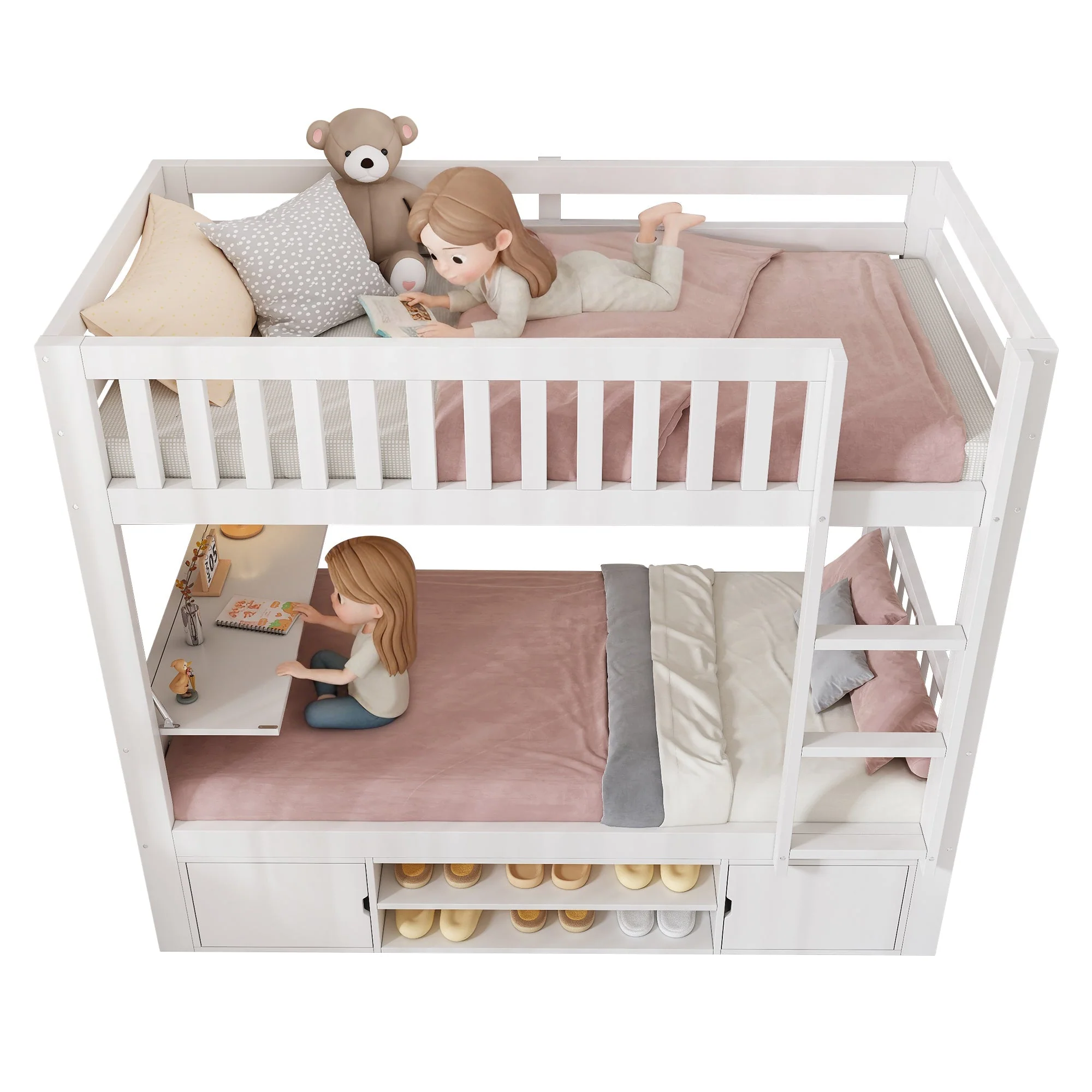 Children's Loft Bed 90x200cm with Fold-down Tabletop and Integrated Shoe Rack, White - Image 6