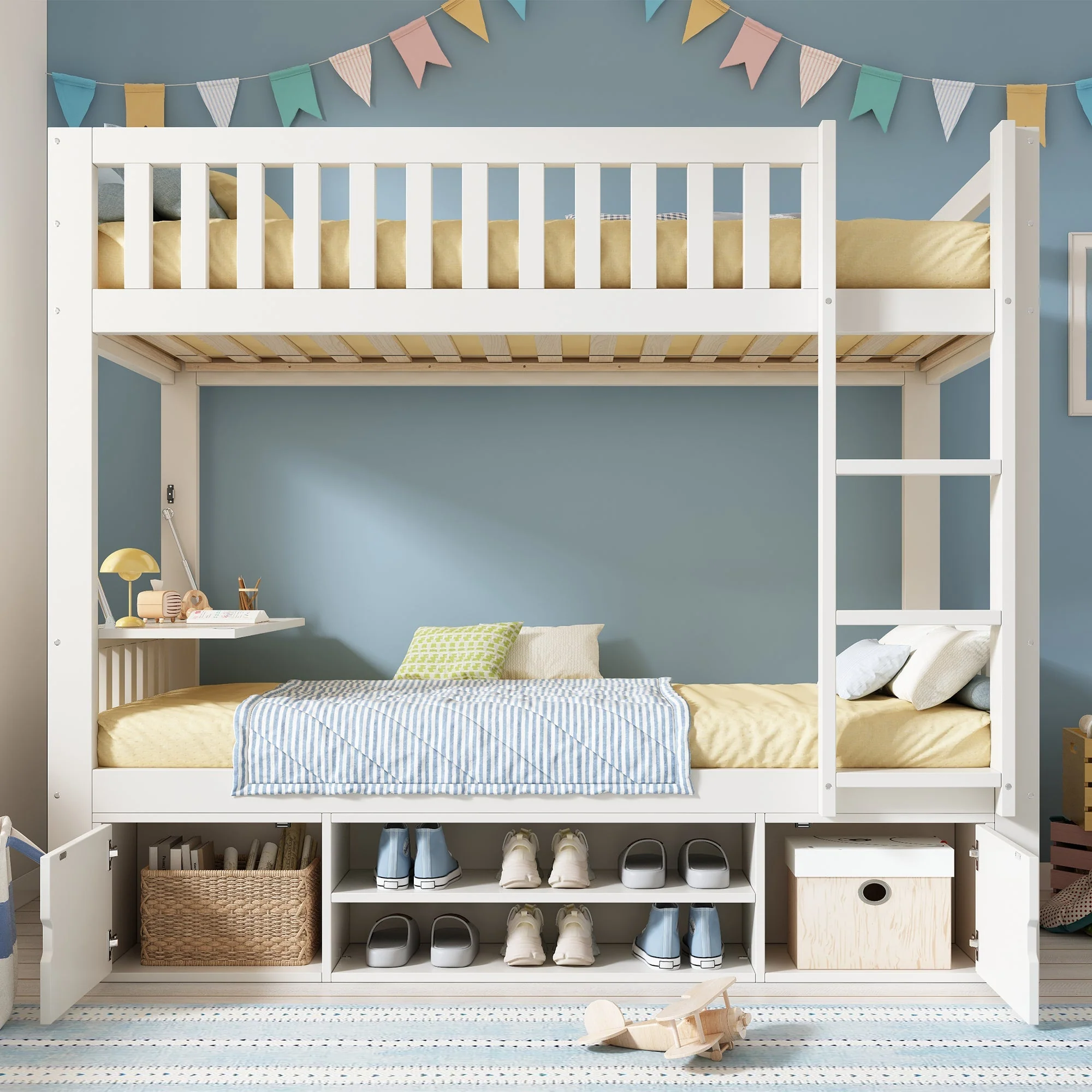 Children's Loft Bed 90x200cm with Fold-down Tabletop and Integrated Shoe Rack, White - Image 9