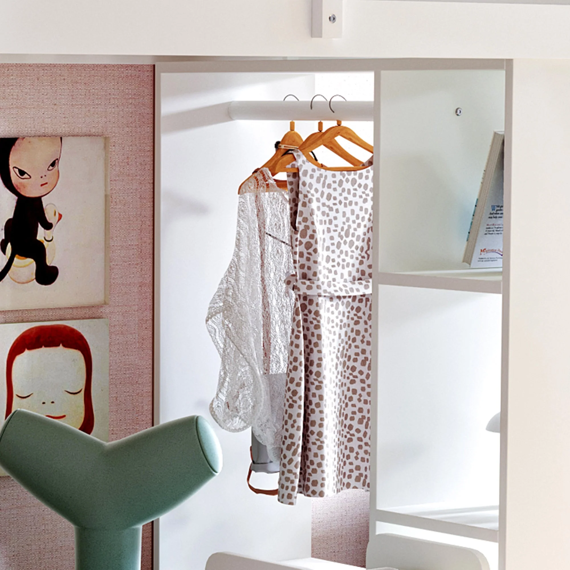 Children's Loft Bed, Multi-Level Shelves, Hangers, Storage, Removable Trolley, 90 x 200 cm, White - Image 5