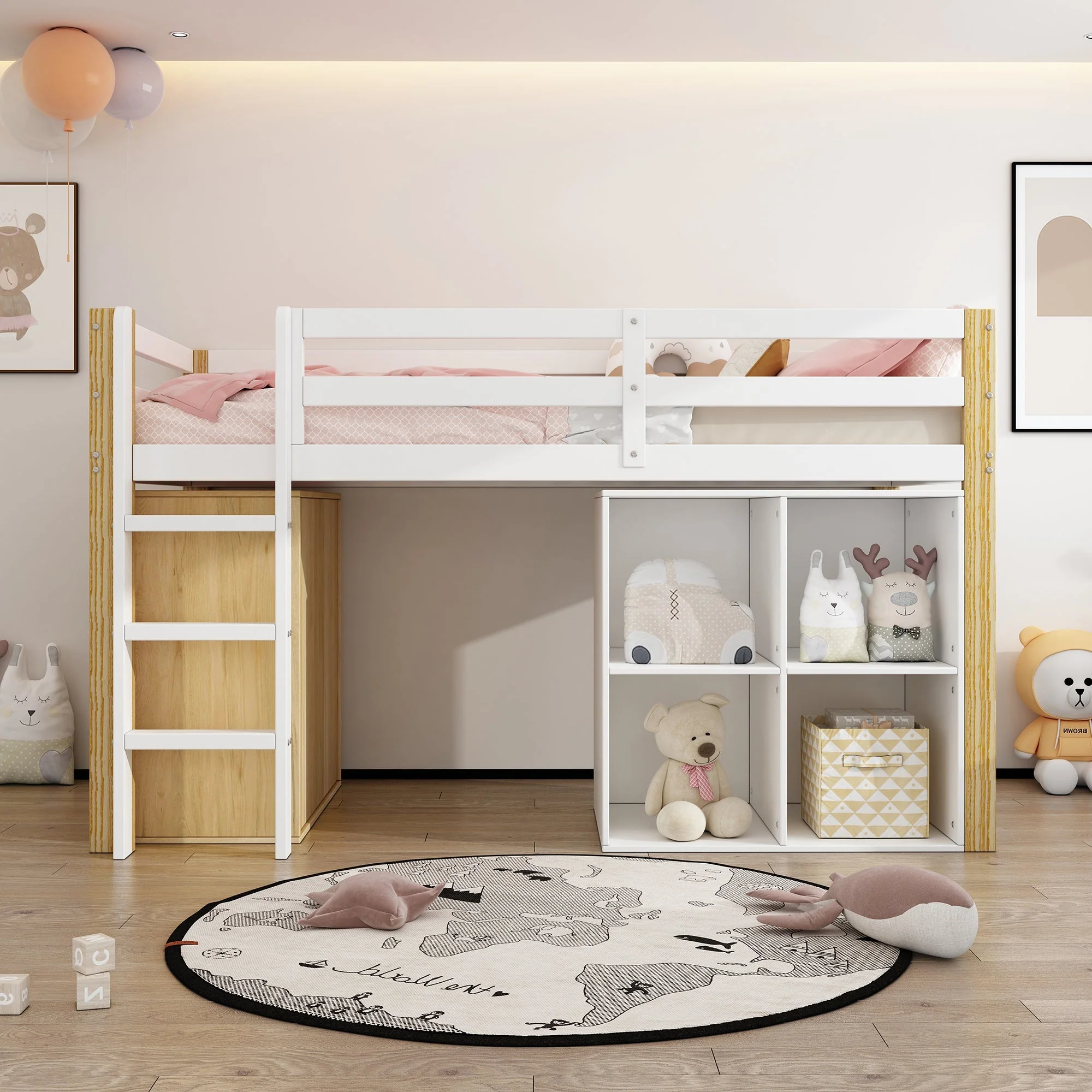 Children's Loft Bed with 2 Storage Cabinets and Ladder, Natural and White - Image 4