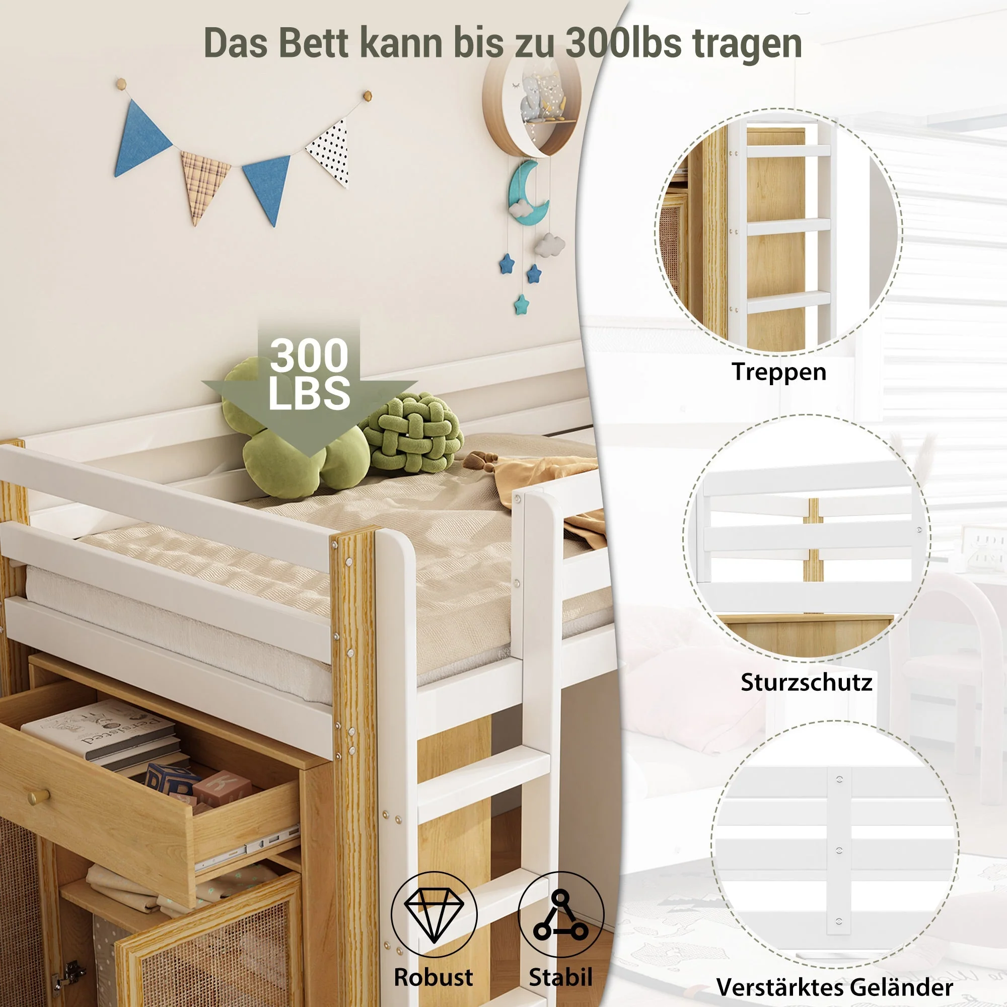 Children's Loft Bed with 2 Storage Cabinets and Ladder, Natural and White - Image 6
