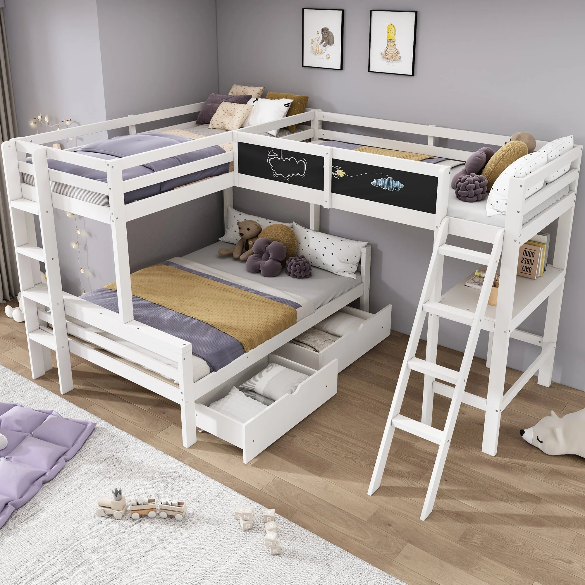 Children's Loft Bed with Desk, Shelf and Drawers, Sleeps Three, 90x200cm and 140x200cm, White Pine Wood - Image 4