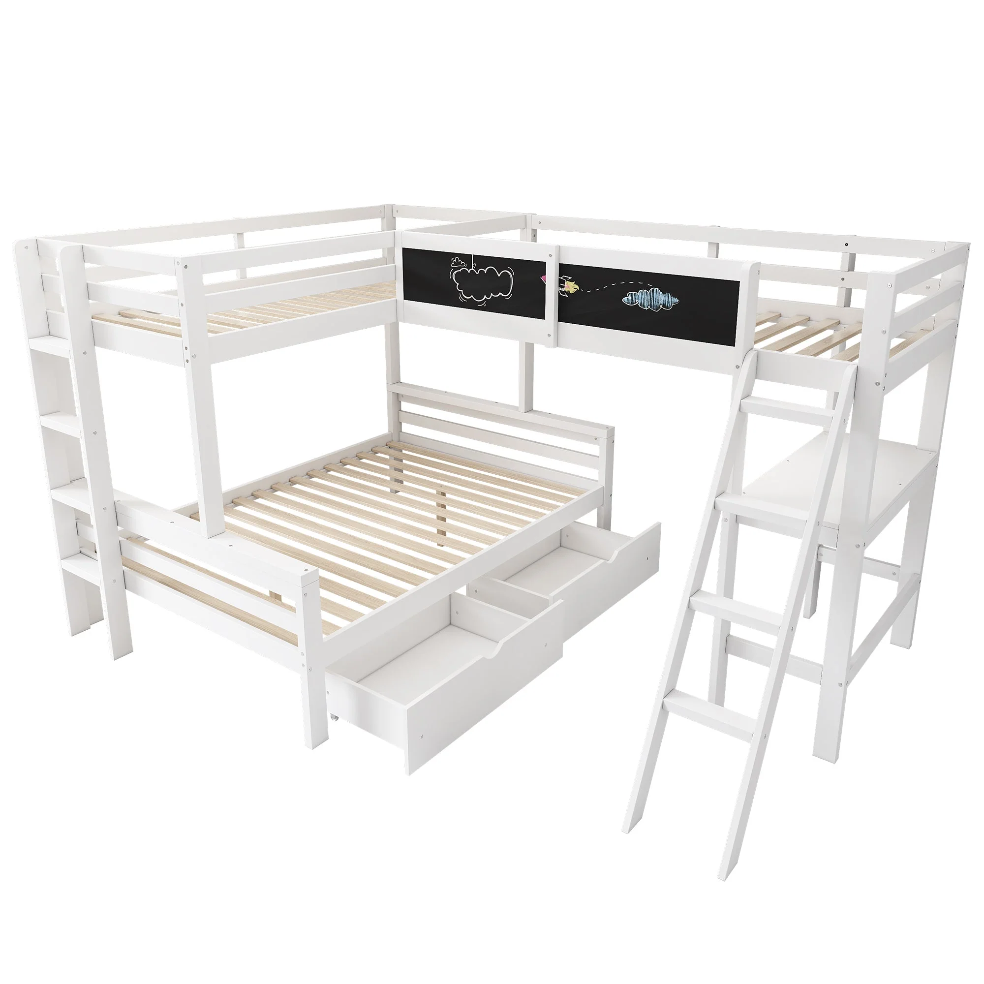 Children's Loft Bed with Desk, Shelf and Drawers, Sleeps Three, 90x200cm and 140x200cm, White Pine Wood - Image 7
