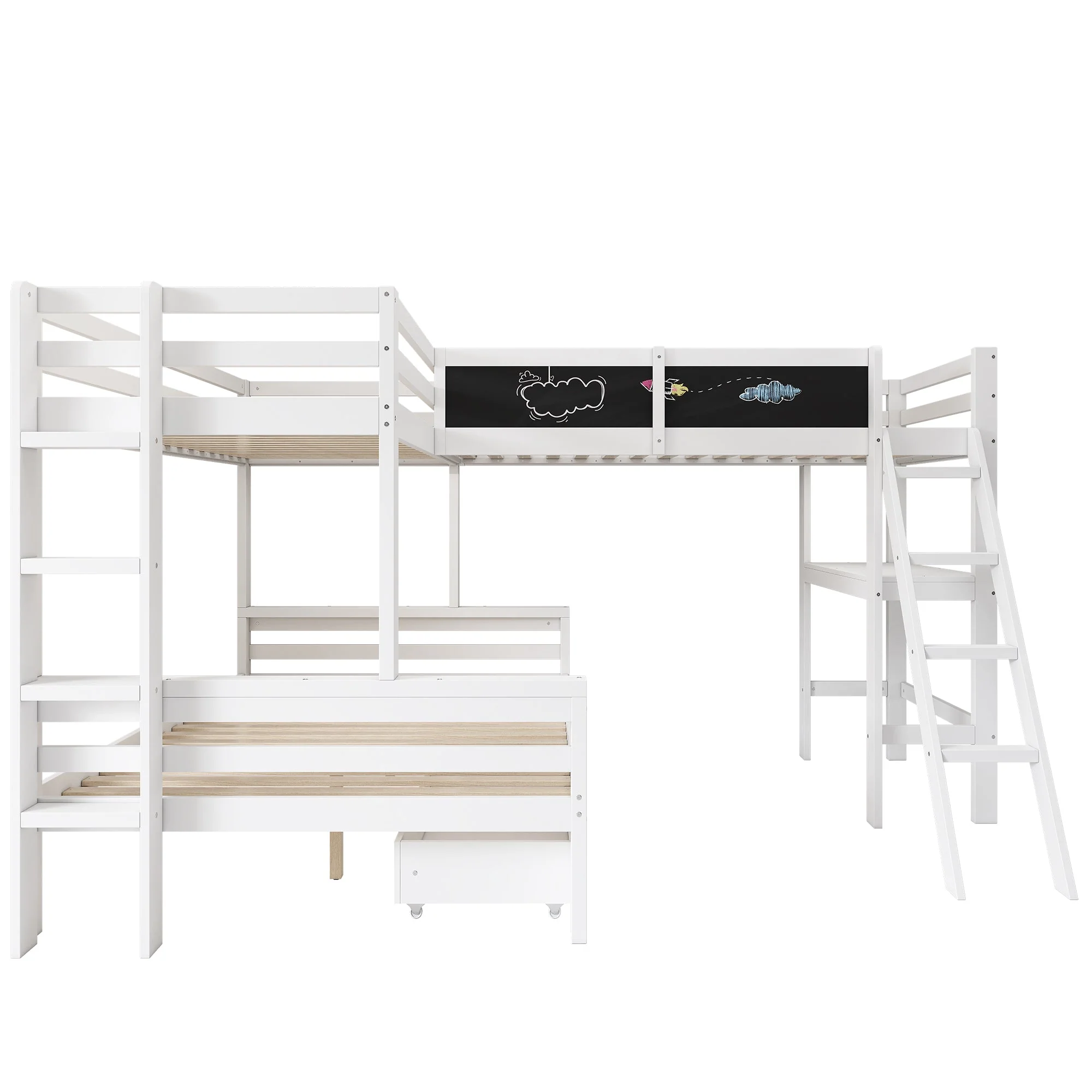 Children's Loft Bed with Desk, Shelf and Drawers, Sleeps Three, 90x200cm and 140x200cm, White Pine Wood - Image 8