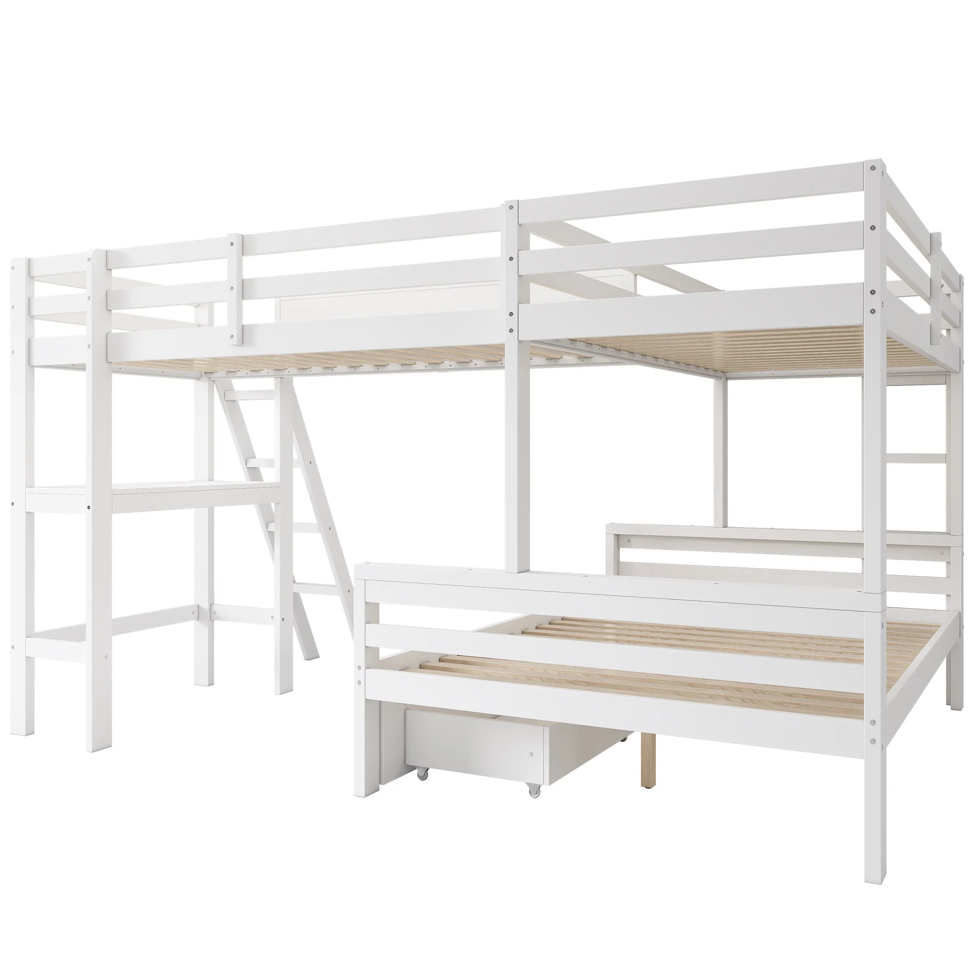 Children's Loft Bed with Desk, Shelf and Drawers, Sleeps Three, 90x200cm and 140x200cm, White Pine Wood - Image 9