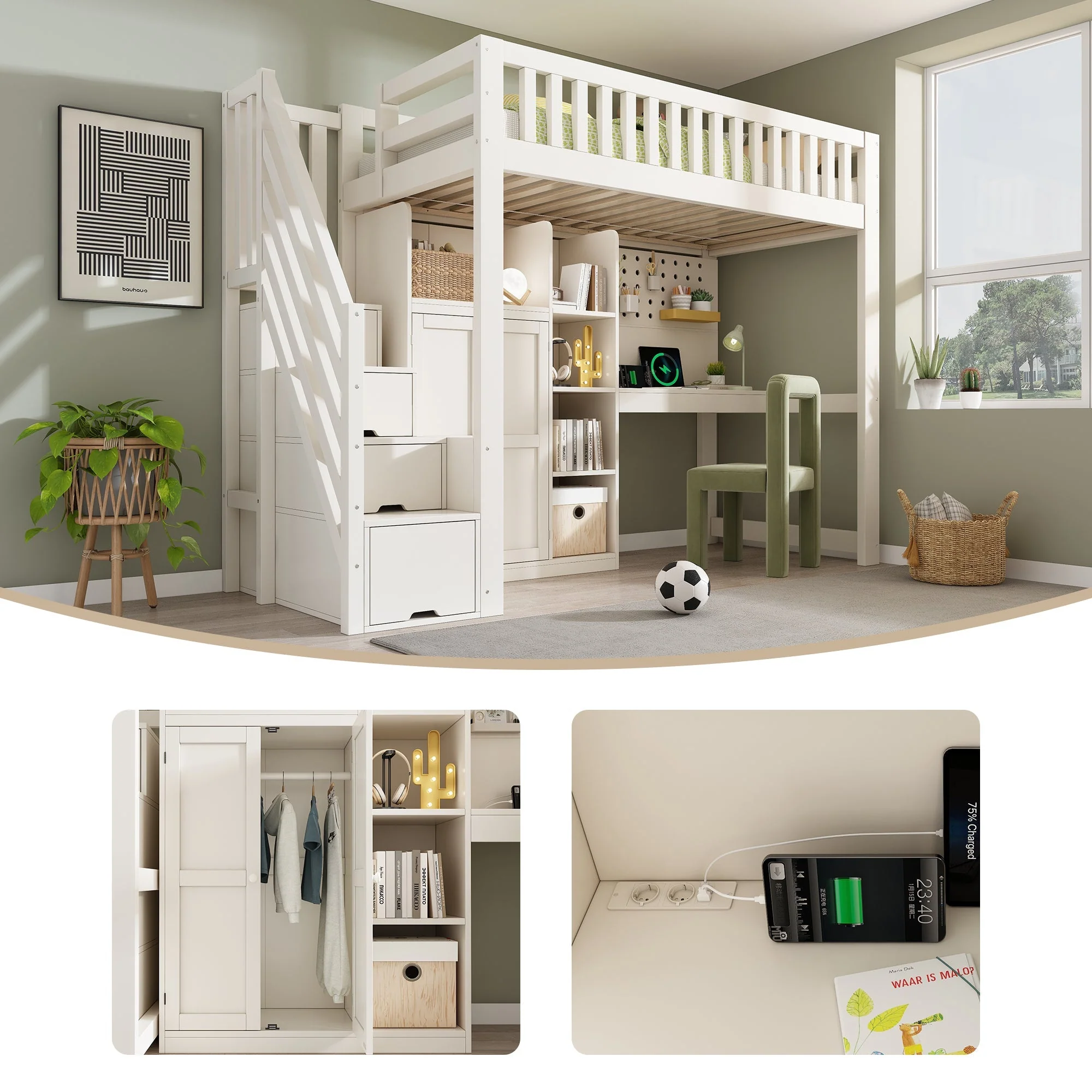Children's Loft Bed with Desk, Wardrobe, Ladder Cabinet and USB Ports, 90x200cm, White Wood