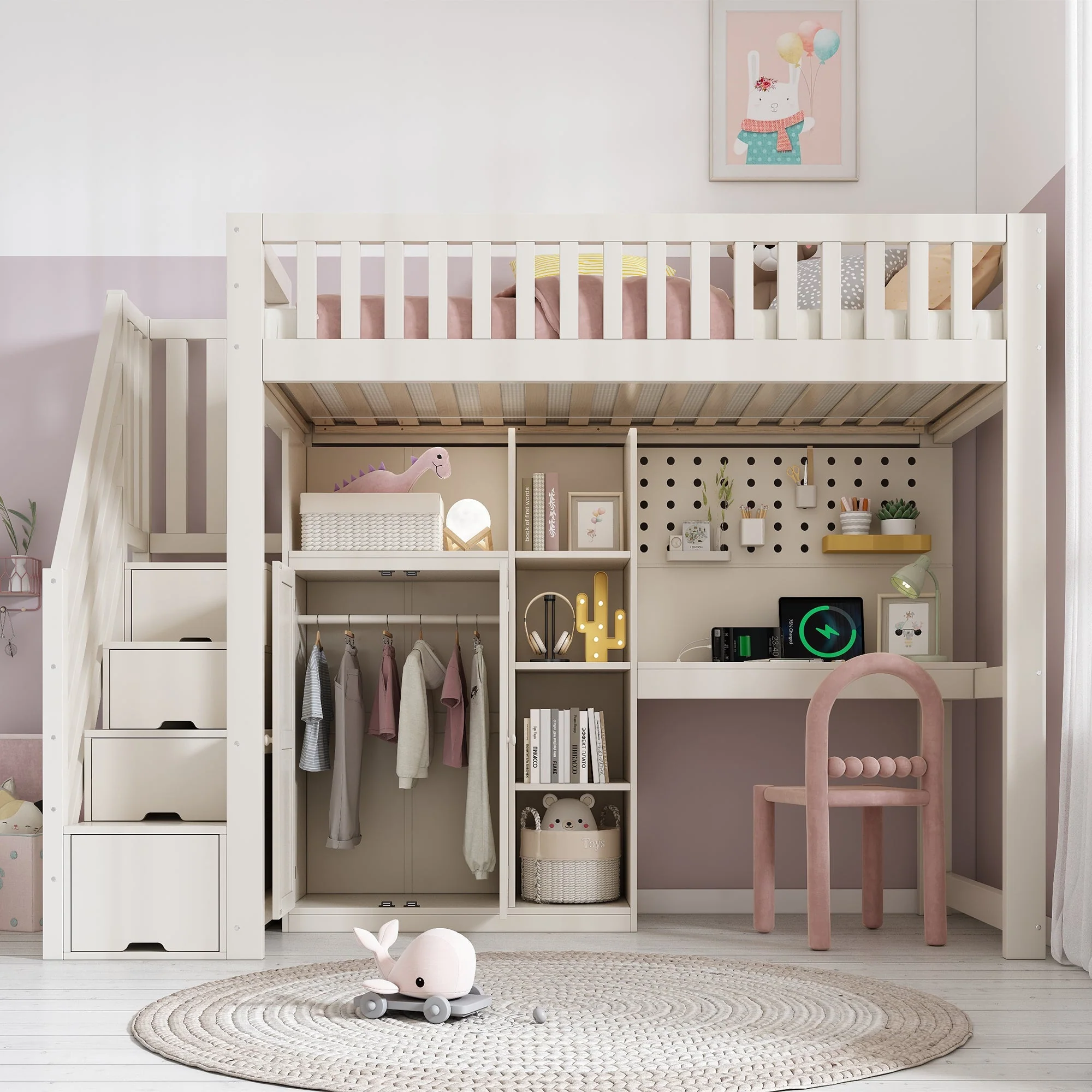 Children's Loft Bed with Desk, Wardrobe, Ladder Cabinet and USB Ports, 90x200cm, White Wood - Image 2