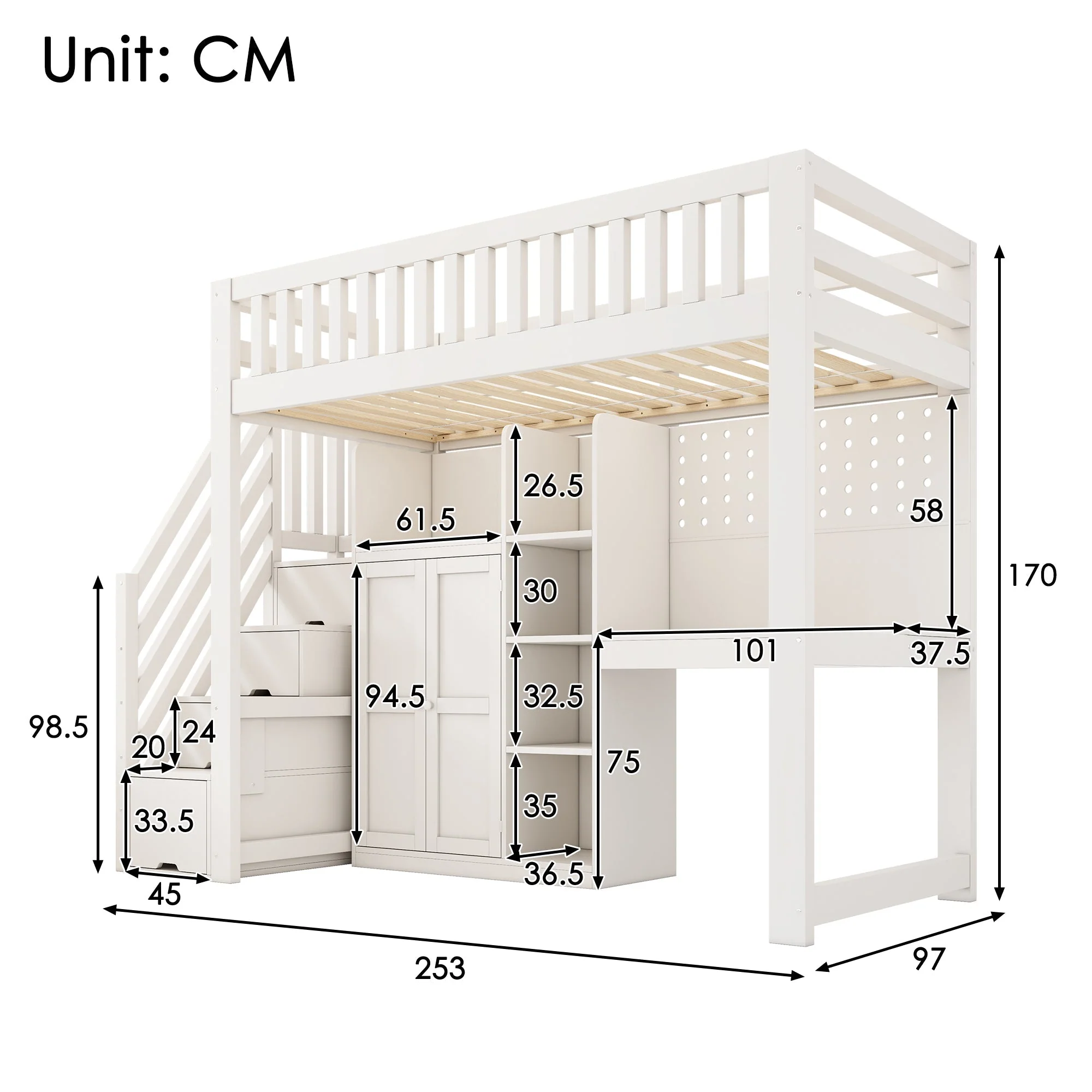 Children's Loft Bed with Desk, Wardrobe, Ladder Cabinet and USB Ports, 90x200cm, White Wood - Image 3