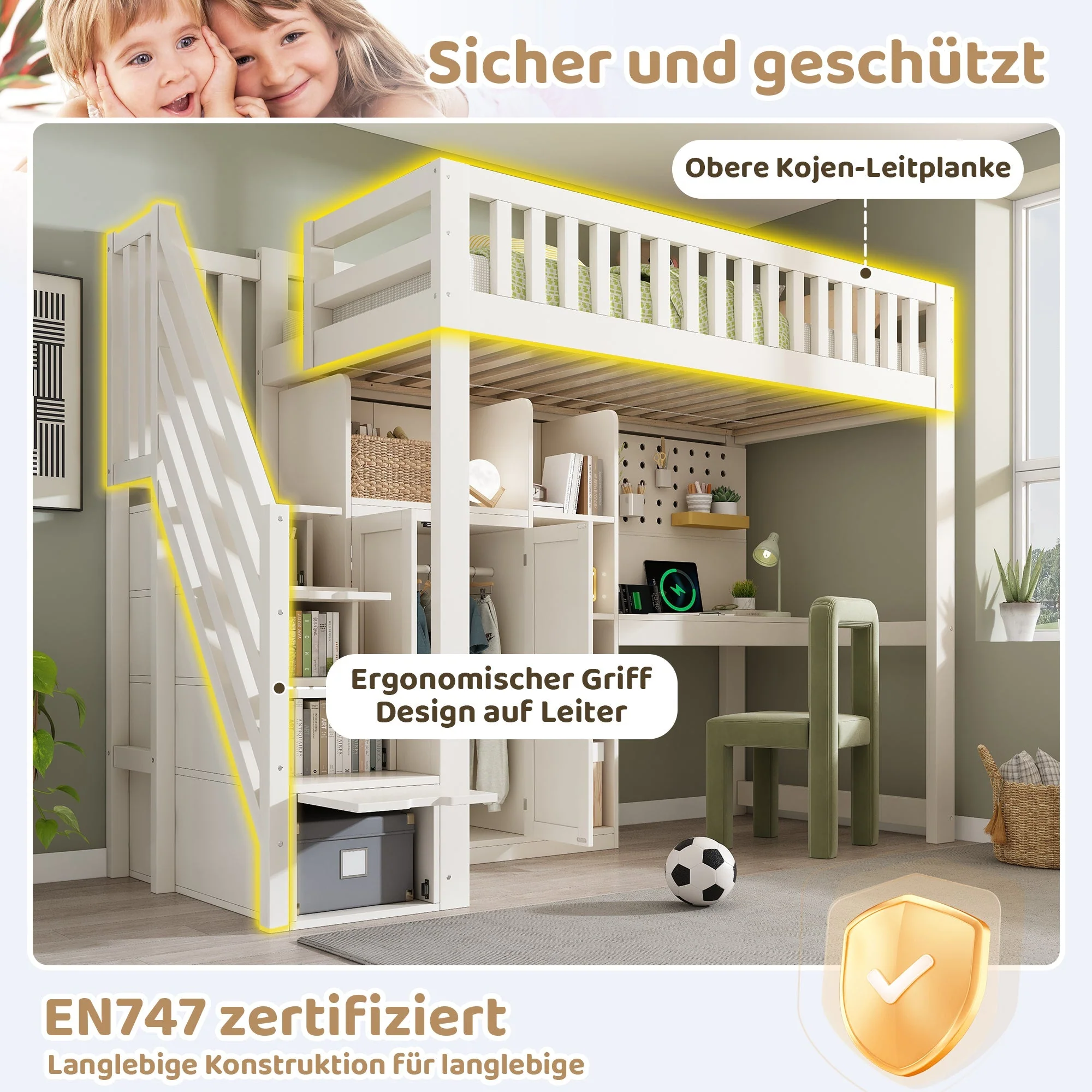 Children's Loft Bed with Desk, Wardrobe, Ladder Cabinet and USB Ports, 90x200cm, White Wood - Image 4