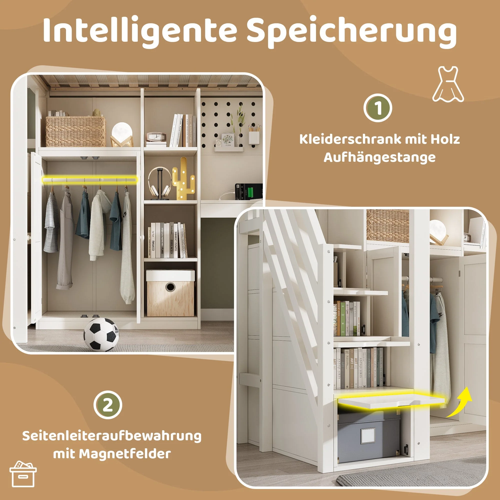 Children's Loft Bed with Desk, Wardrobe, Ladder Cabinet and USB Ports, 90x200cm, White Wood - Image 5