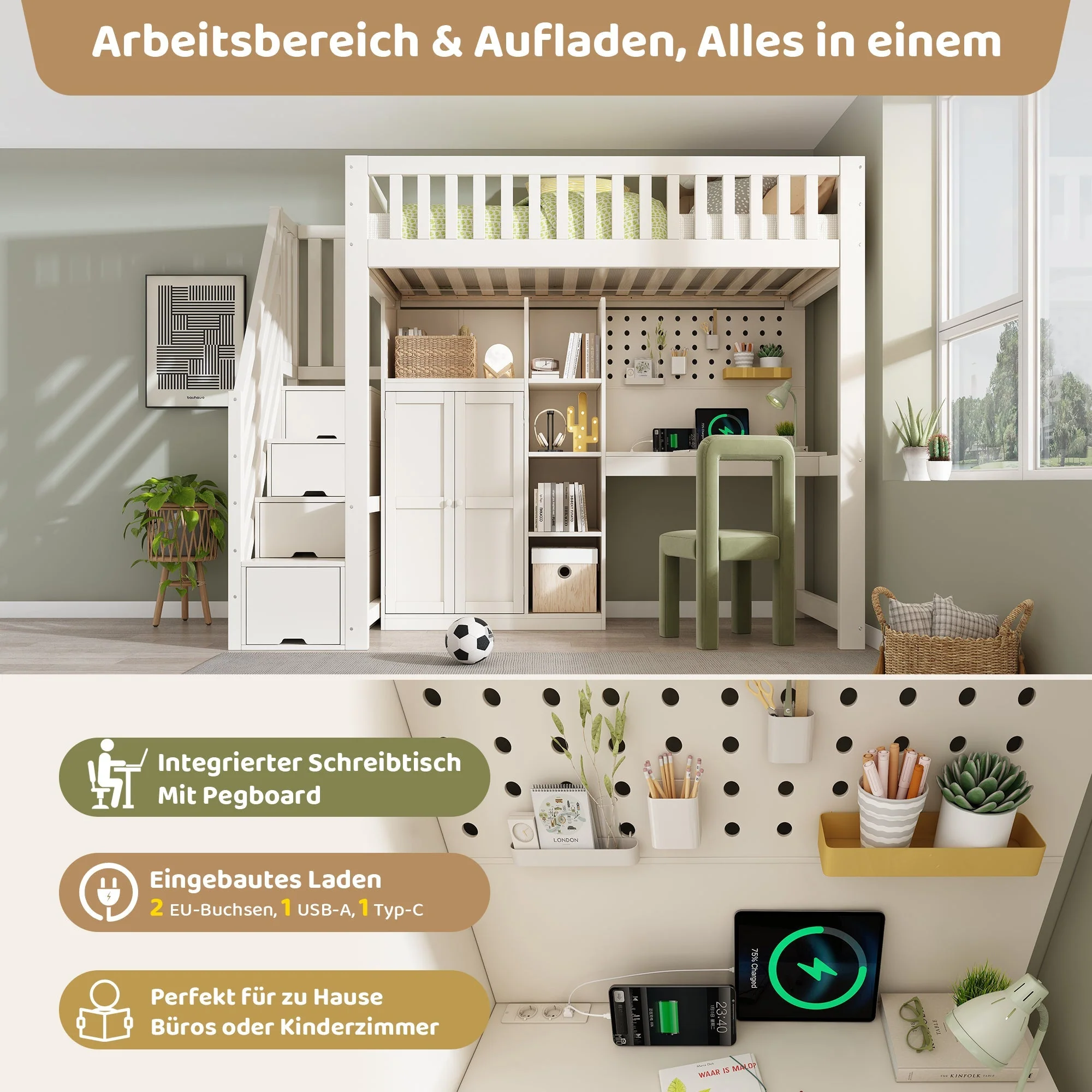 Children's Loft Bed with Desk, Wardrobe, Ladder Cabinet and USB Ports, 90x200cm, White Wood - Image 6