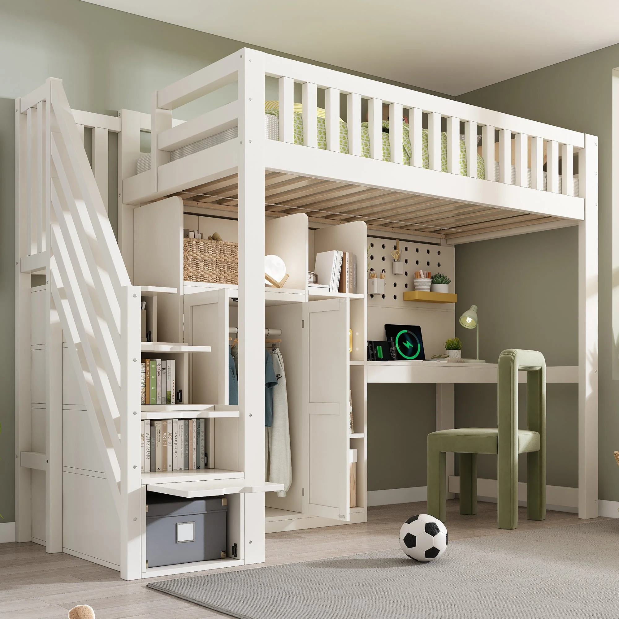 Children's Loft Bed with Desk, Wardrobe, Ladder Cabinet and USB Ports, 90x200cm, White Wood - Image 7