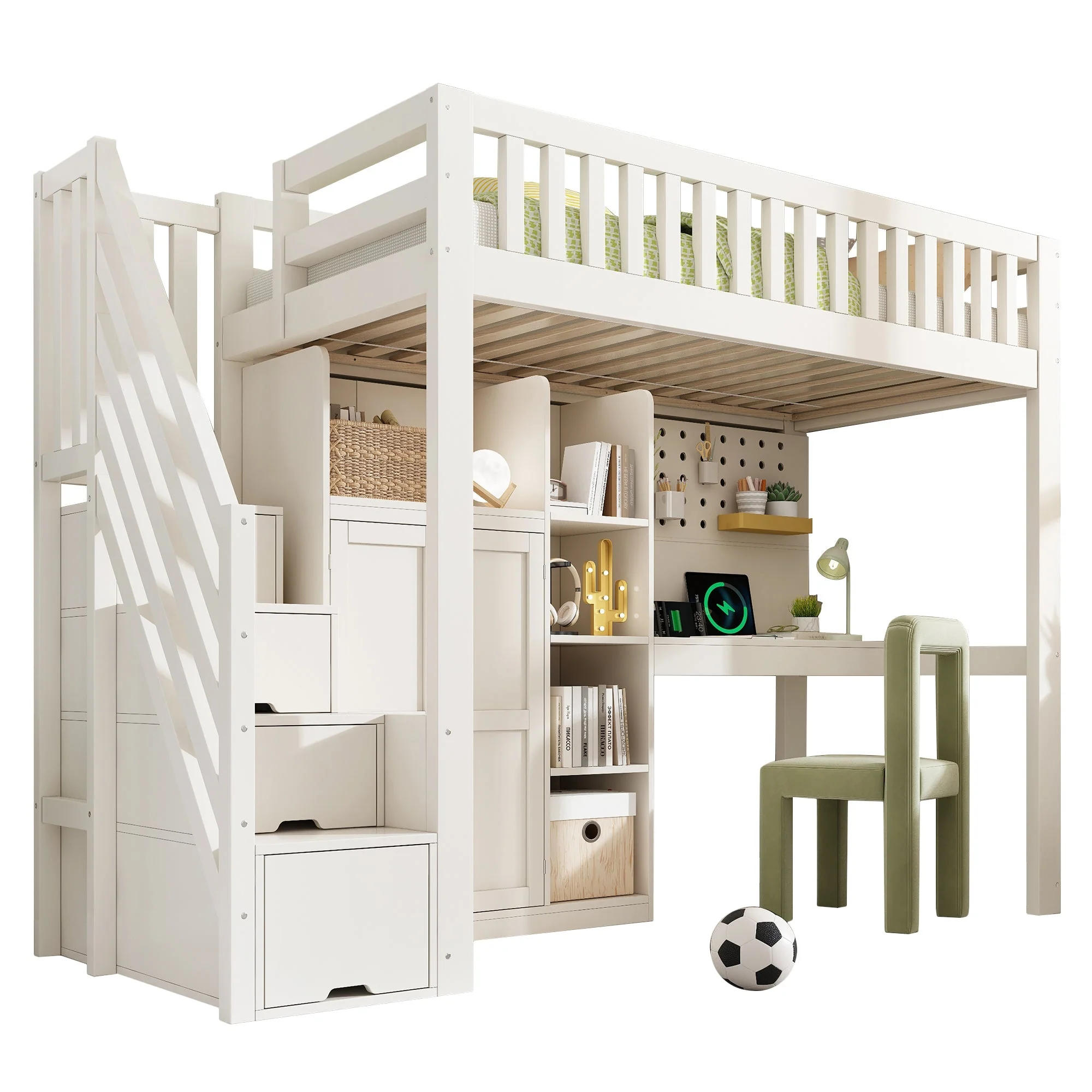 Children's Loft Bed with Desk, Wardrobe, Ladder Cabinet and USB Ports, 90x200cm, White Wood - Image 8