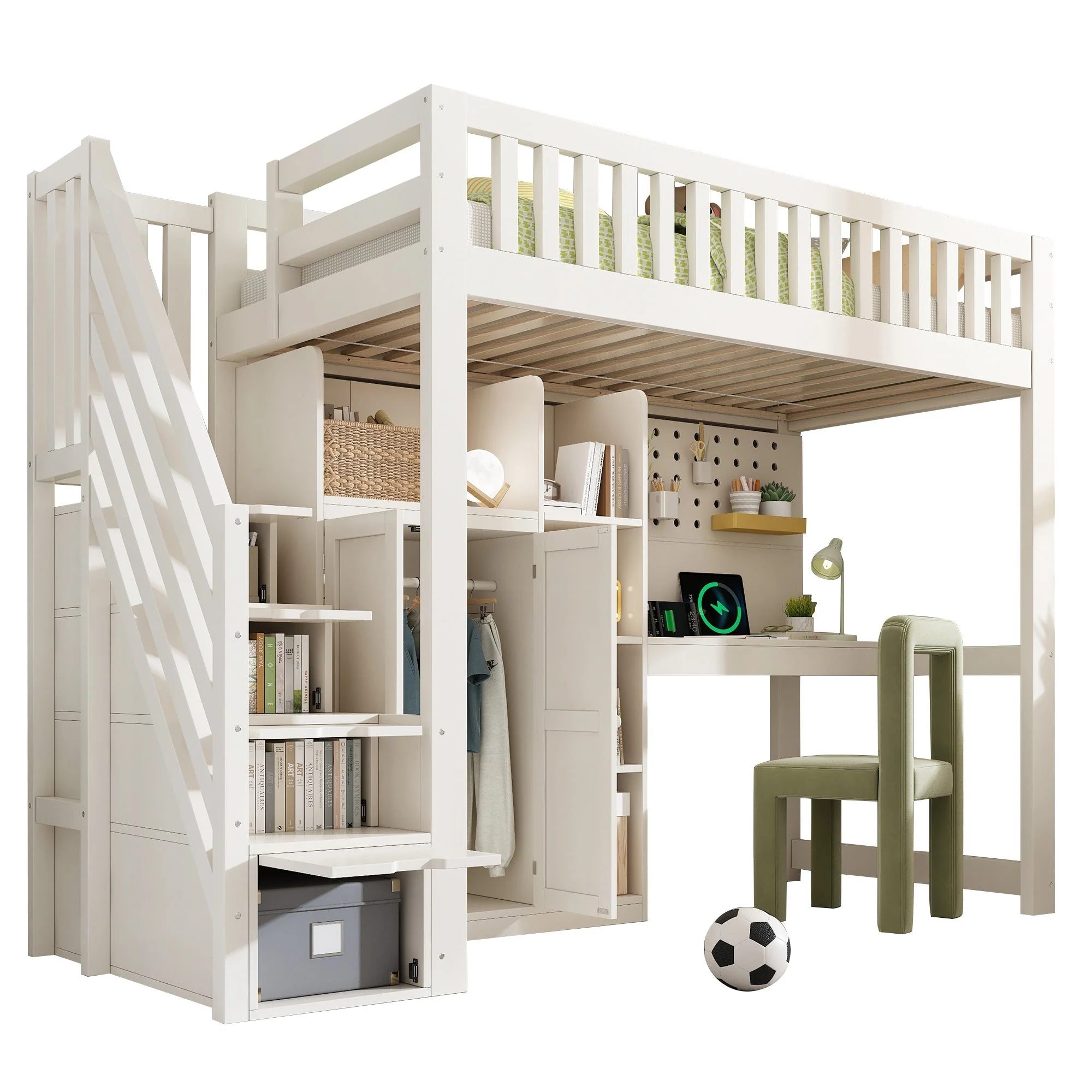 Children's Loft Bed with Desk, Wardrobe, Ladder Cabinet and USB Ports, 90x200cm, White Wood - Image 9