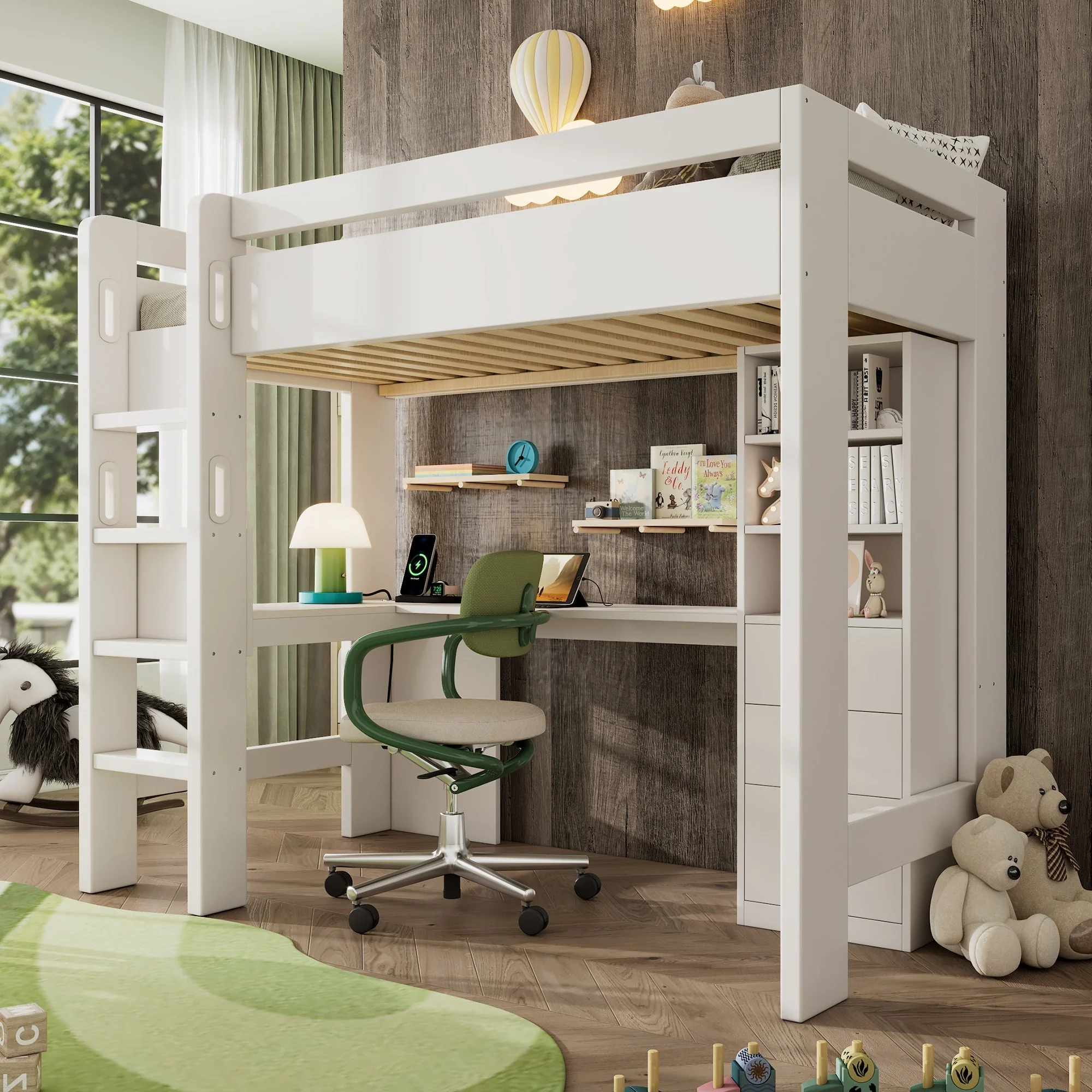 Children’s Loft Bed with Integrated L-Shaped Desk, Storage & Charging Ports - White - Image 2