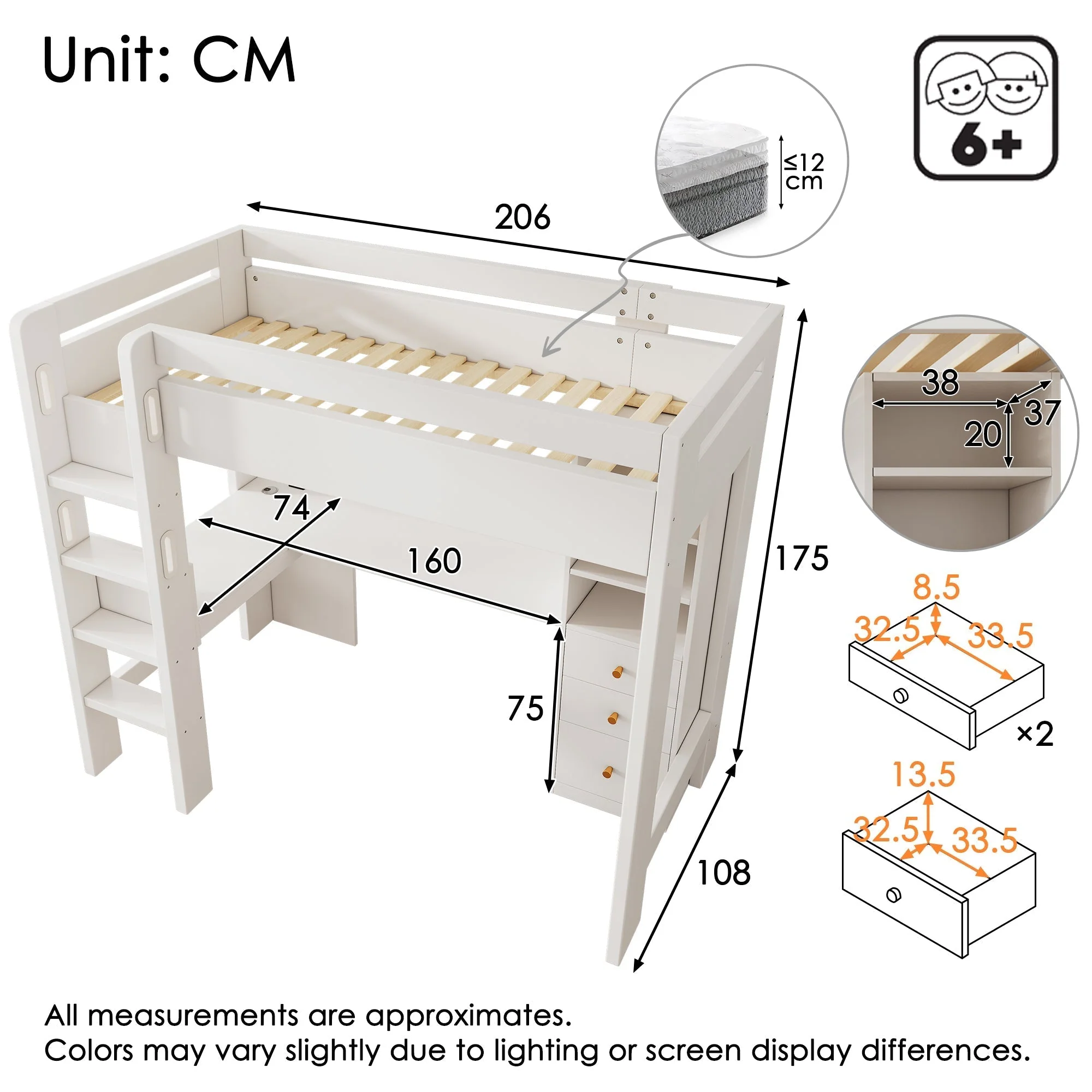 Children’s Loft Bed with Integrated L-Shaped Desk, Storage & Charging Ports - White - Image 3