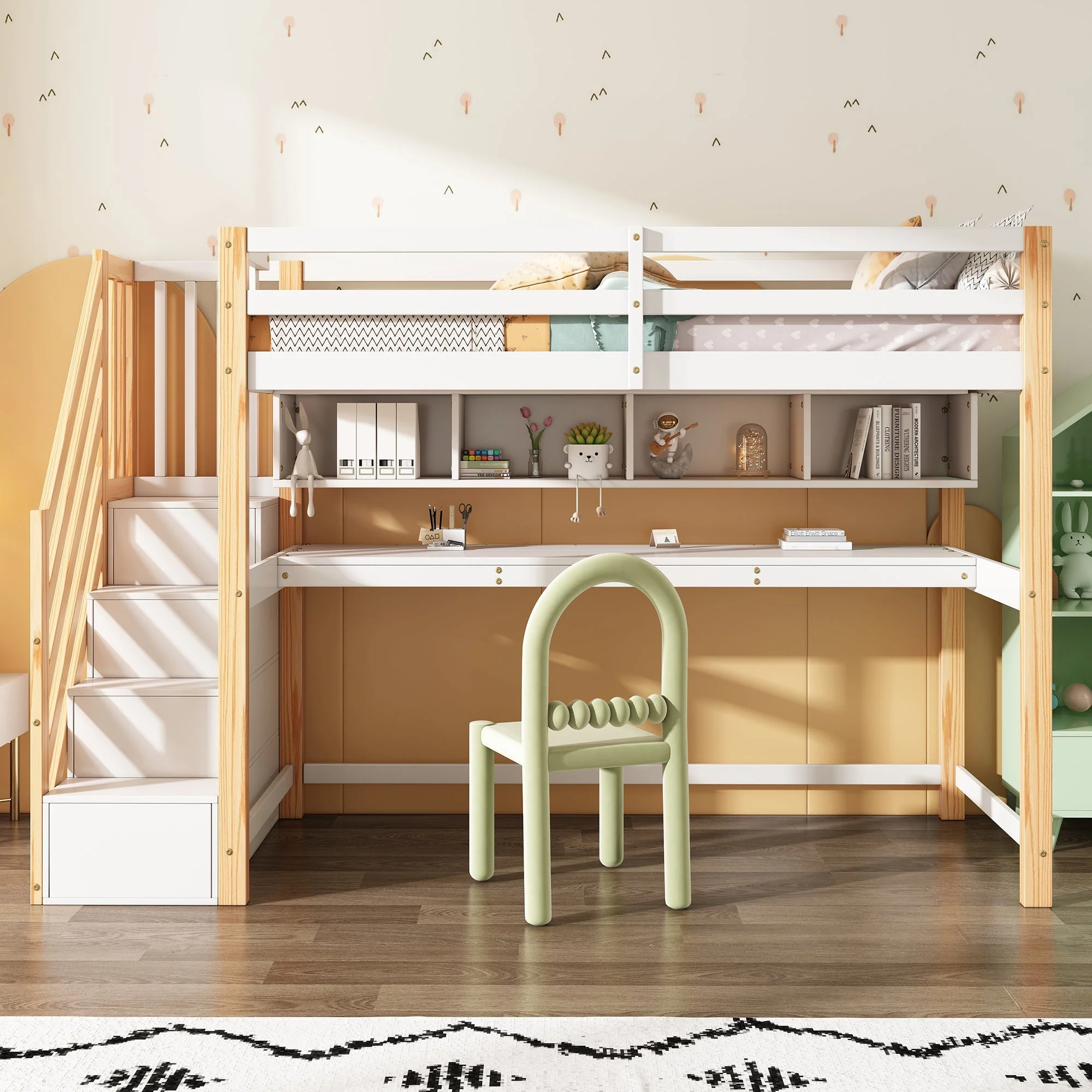 Children's Loft Bed with Large Desk and Shelves, Natural and White - Image 7