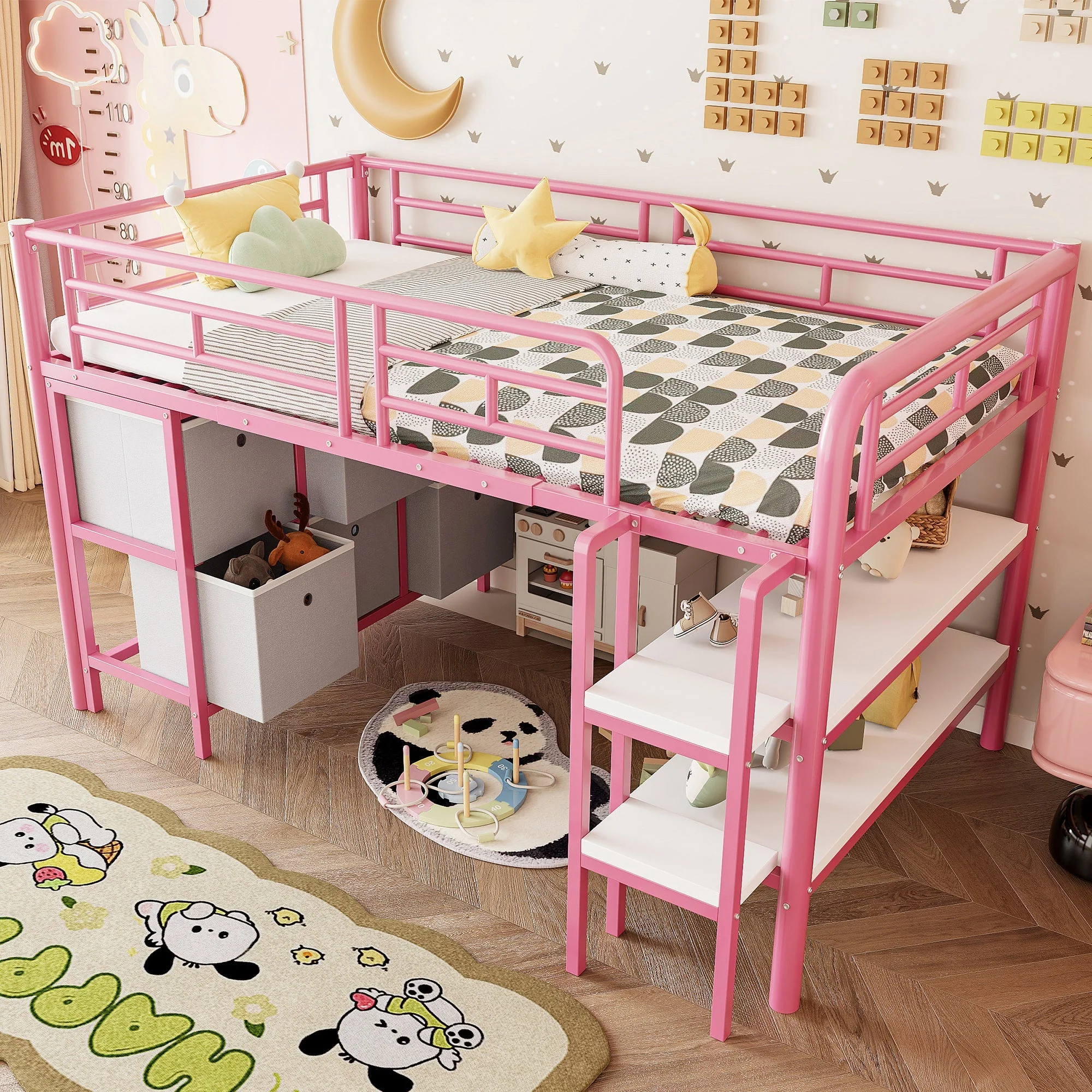 Children's Loft Bed with Metal Frame, Storage Drawers and Shelves, Pink - Image 2