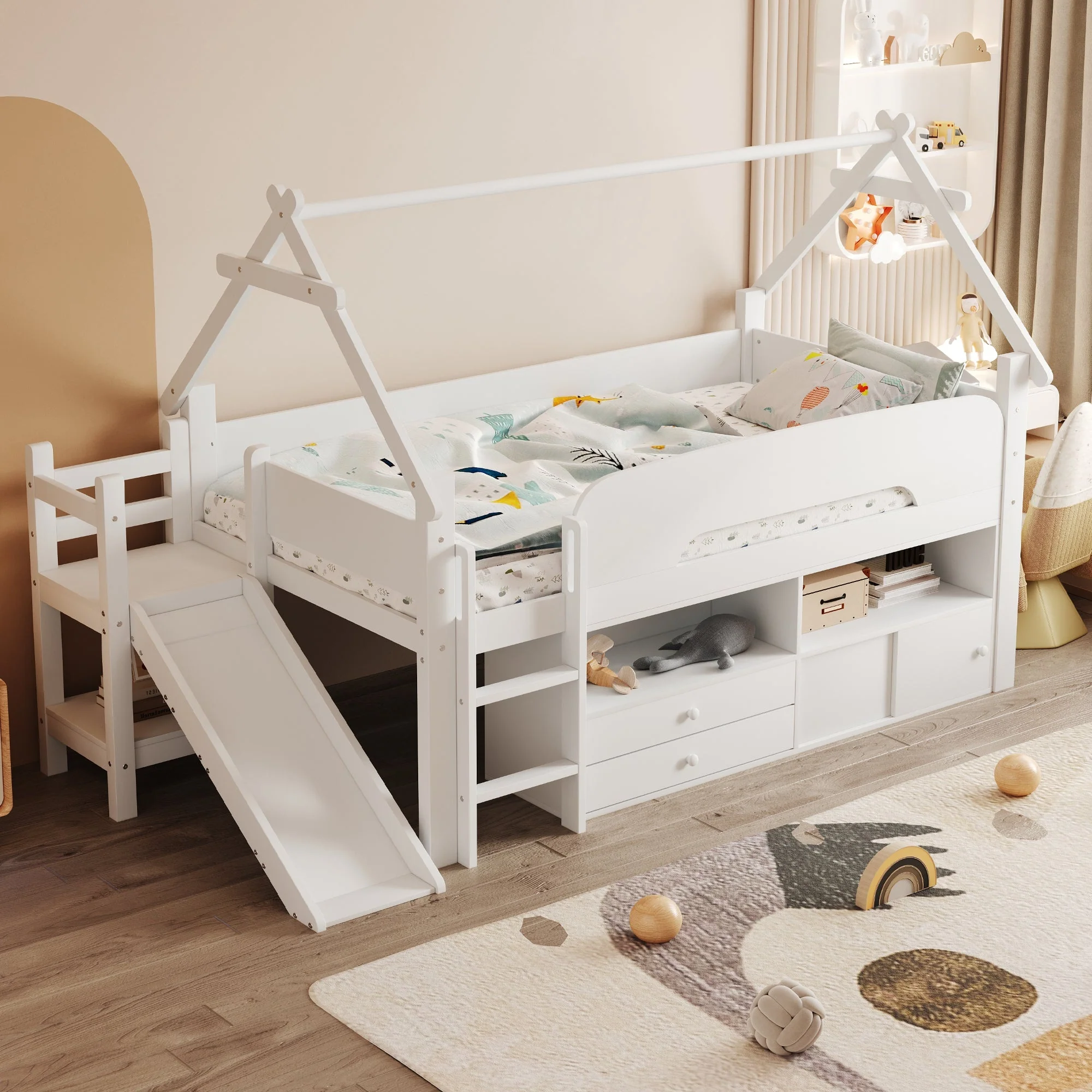 Children's Loft Bed with Roof Frame, Slide, and Storage, White Solid Wood - Image 2