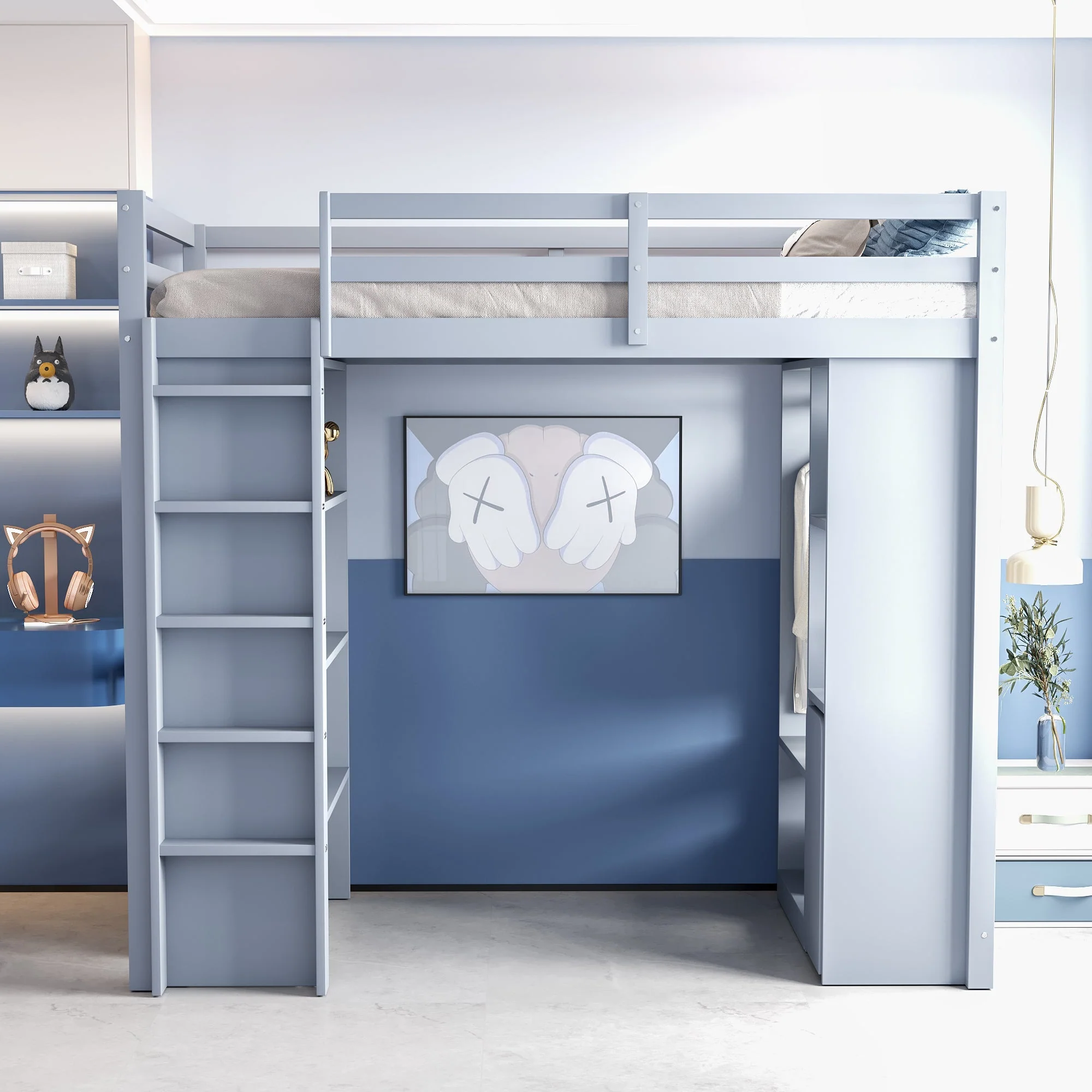 Children's Loft Bed with Shelves, Organizer, Storage, Grey - Image 4