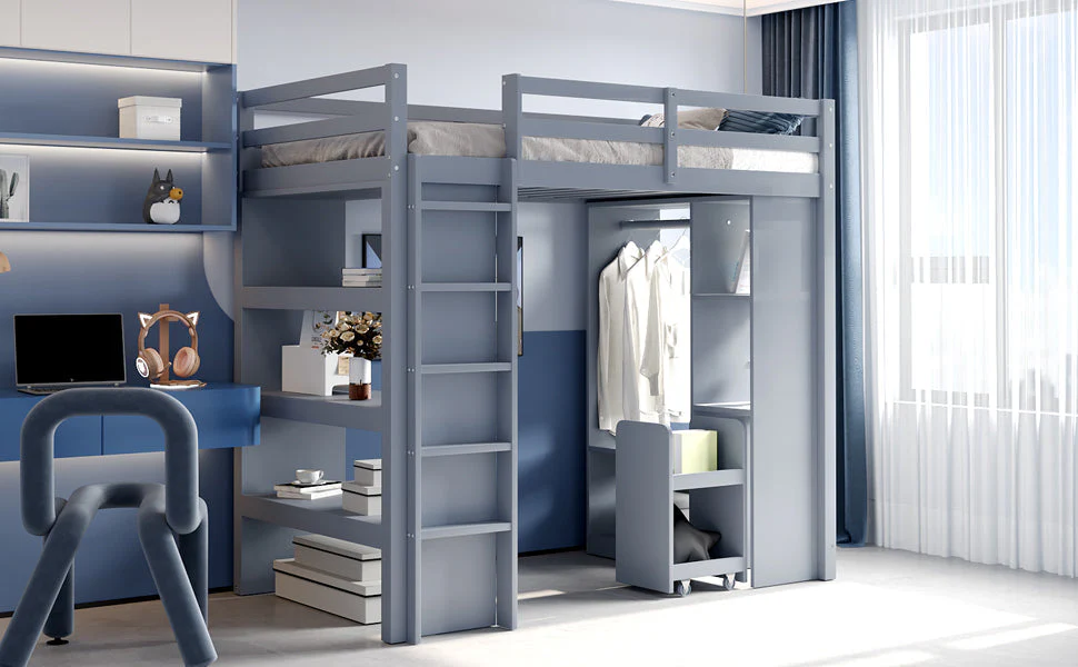 Children's Loft Bed with Shelves, Organizer, Storage, Grey - Image 7
