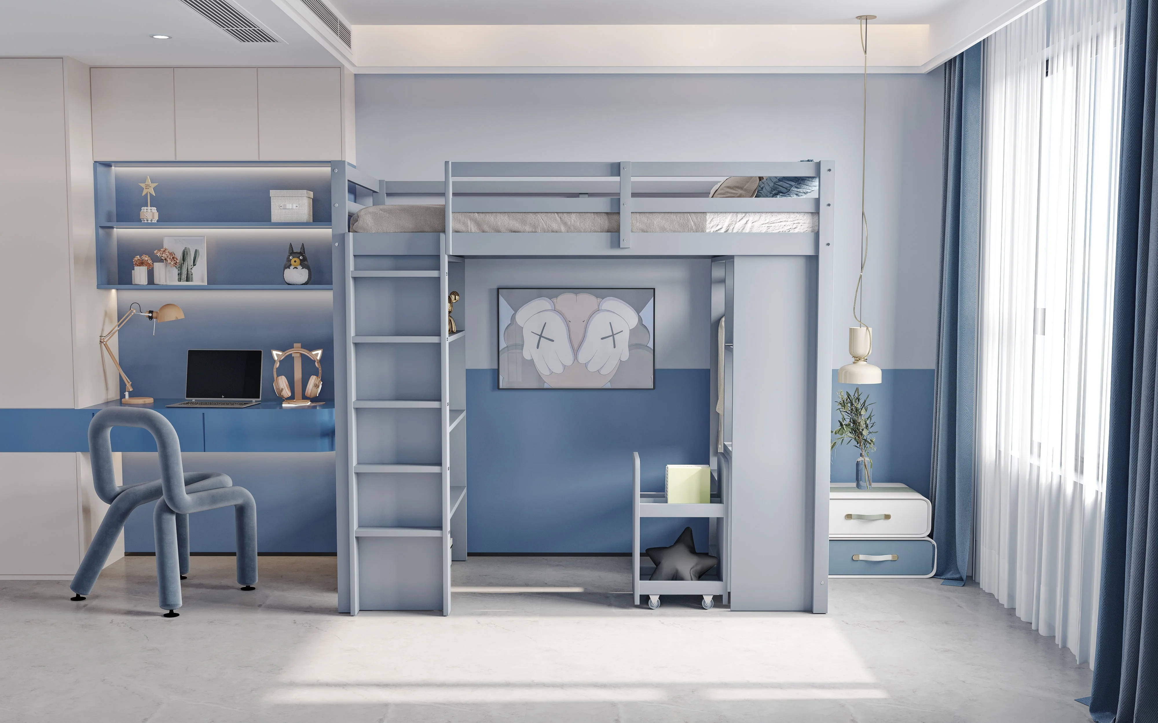 Children's Loft Bed with Shelves, Organizer, Storage, Grey - Image 9