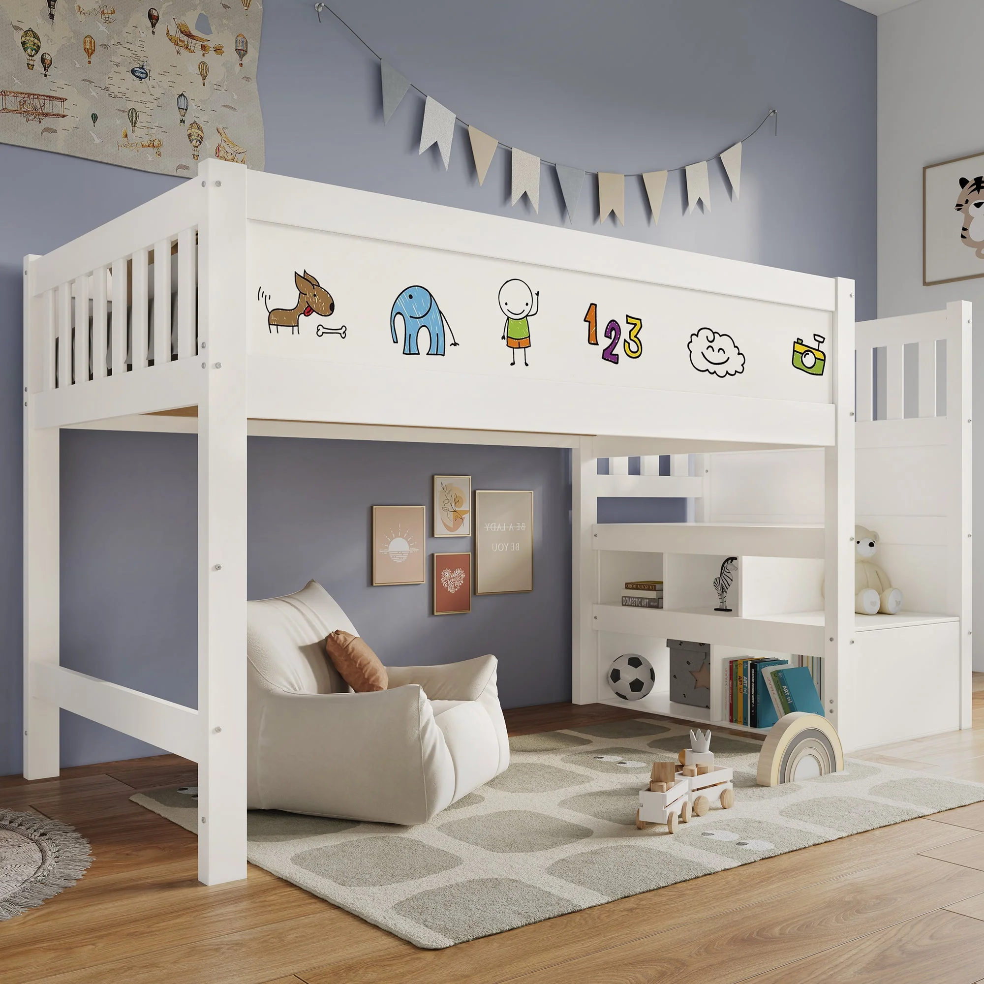 Children's Loft Bed with Whiteboard & Blackboard, Storage, 90 x 200 cm, White - Image 8