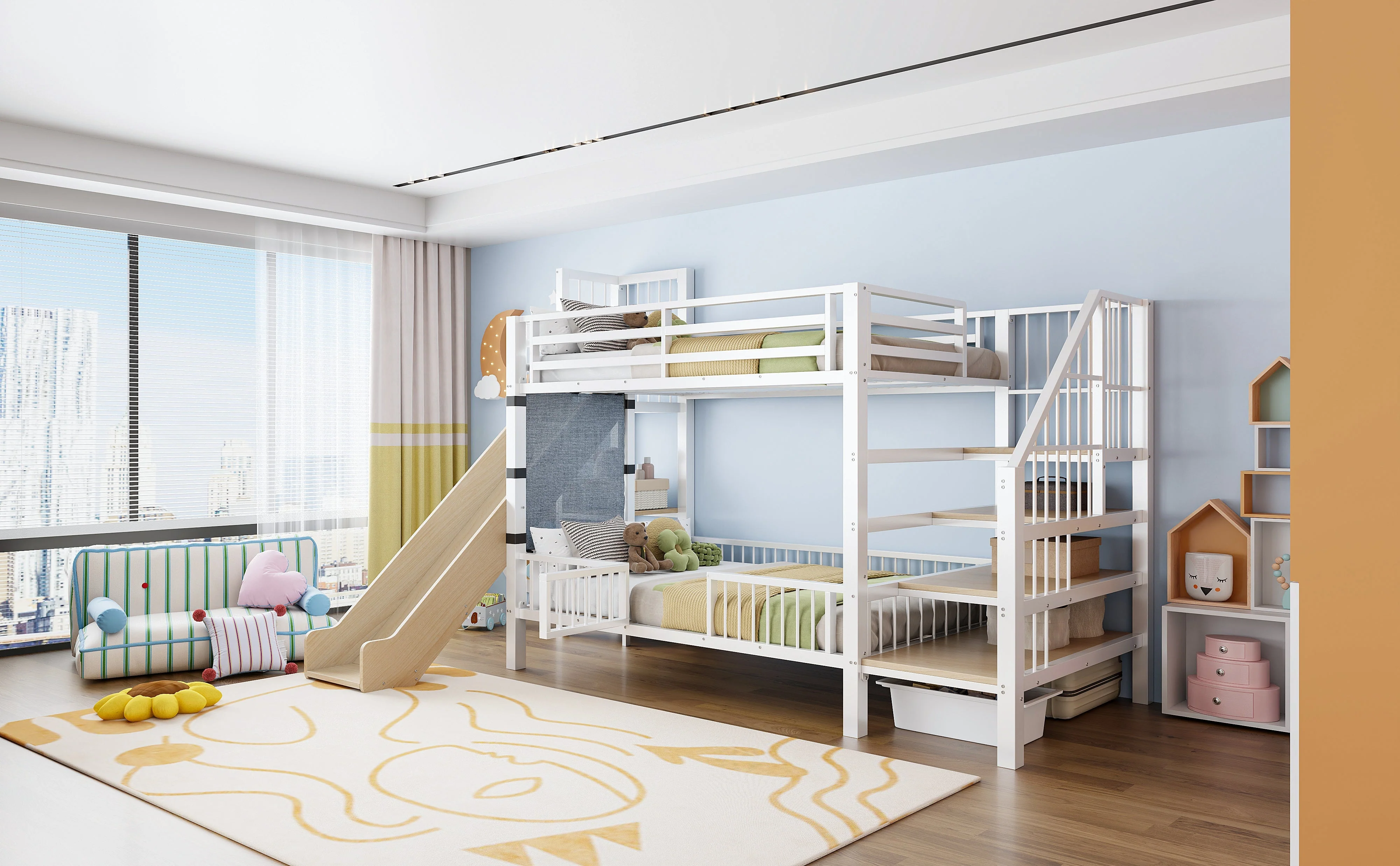Children's Metal Loft Bed with Slide, Storage Stairs and Integrated Shelves, 90x200cm, White - Image 7