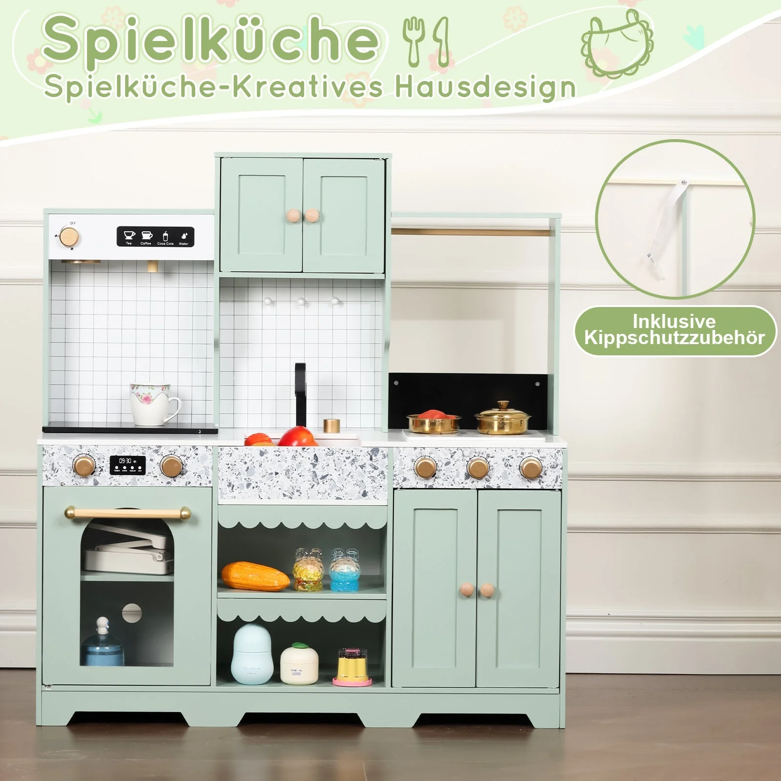 Children's Play Kitchen with Accessories and Creative Design, Green Wood and Plastic - Image 4