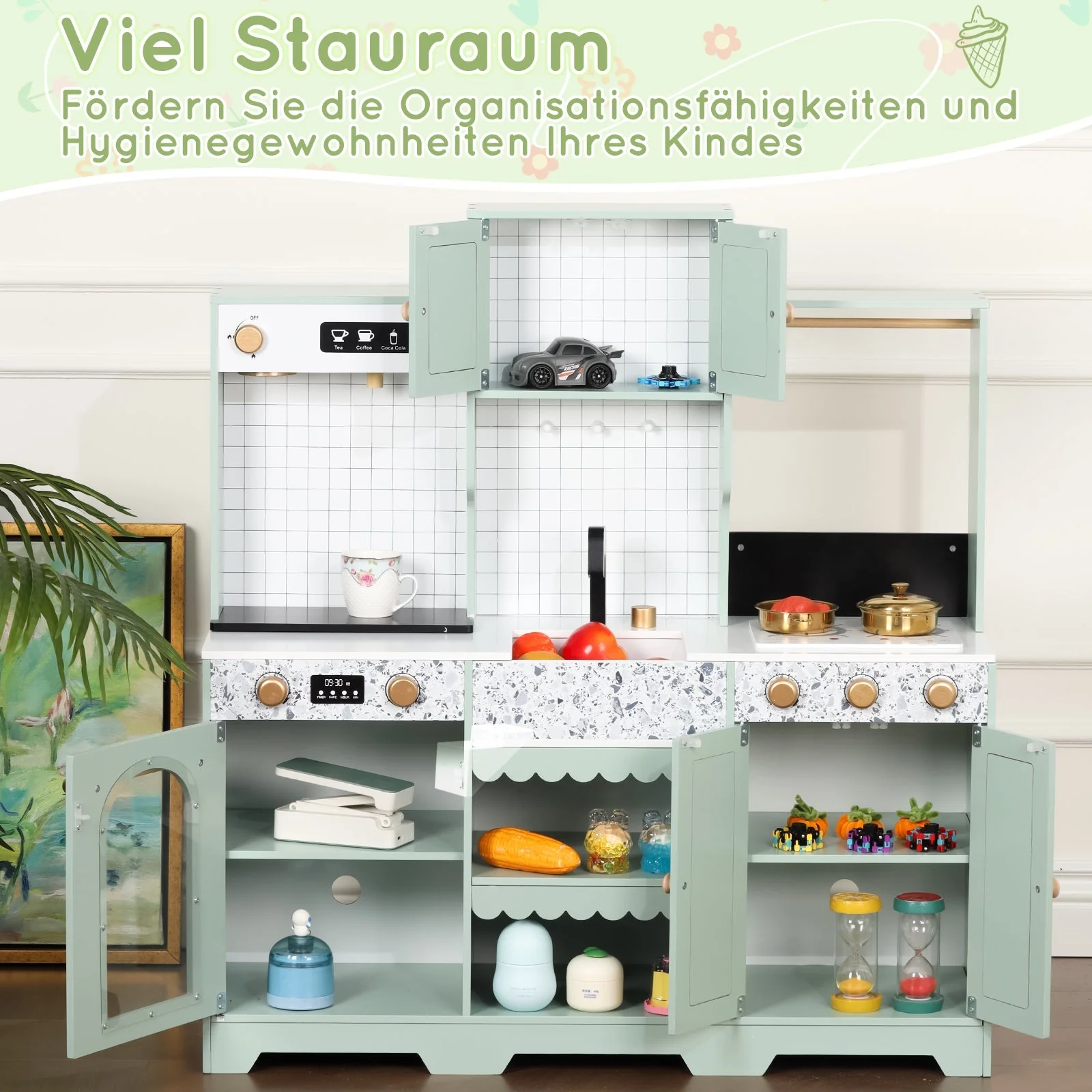 Children's Play Kitchen with Accessories and Creative Design, Green Wood and Plastic - Image 7