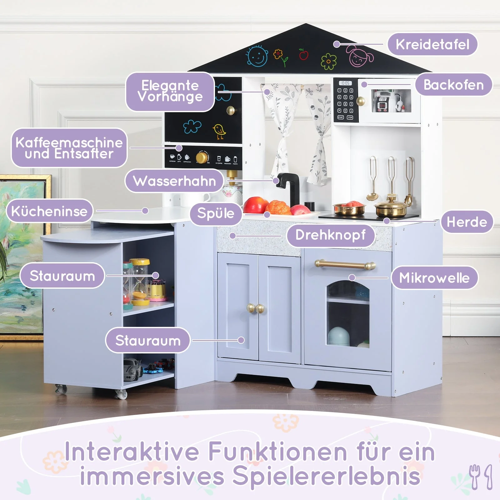 Children's Play Kitchen with Creative House Design and Accessories, White and Purple - Image 7