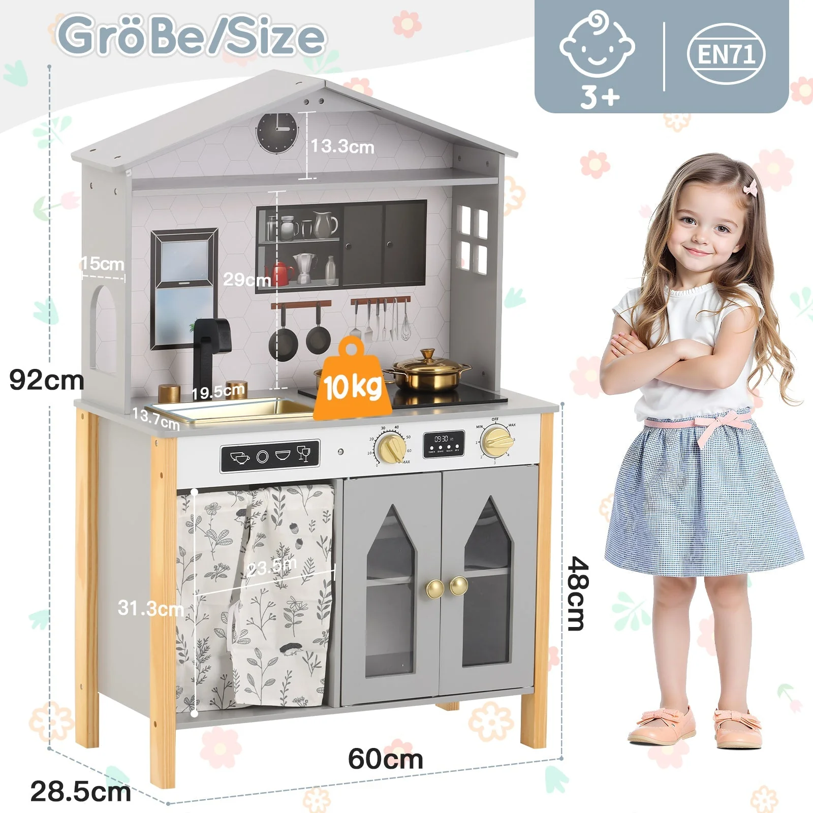 Children's Play Kitchen with Creative House Design and Accessories, Wood and Plastic, Grey - Image 10