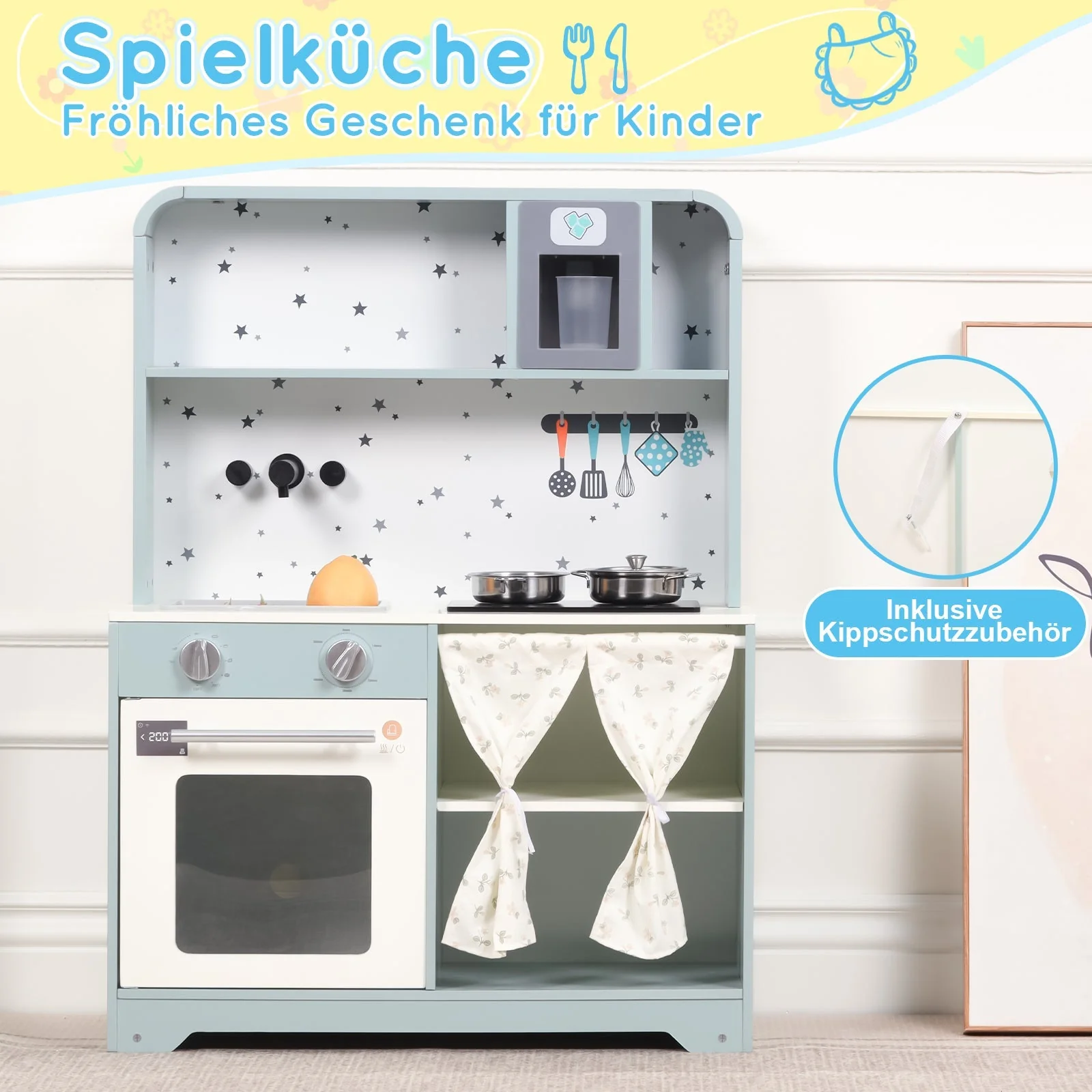Children's Play Kitchen with Ice Maker and Microwave, Wood and Plastic, Blue - Image 4