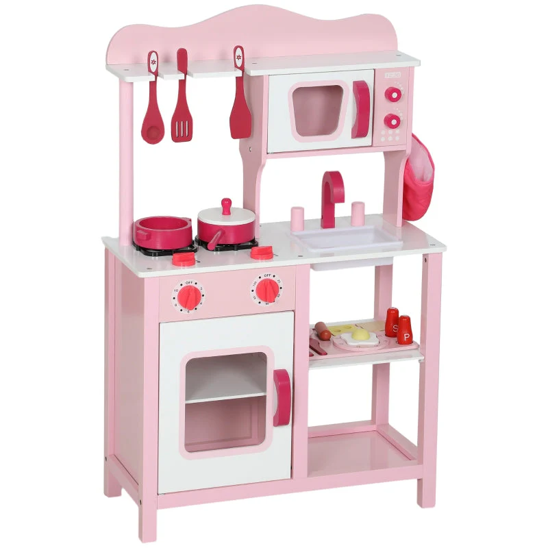Children's Play Kitchen with Wooden Accessories and Sound Effects, Pink - Image 2