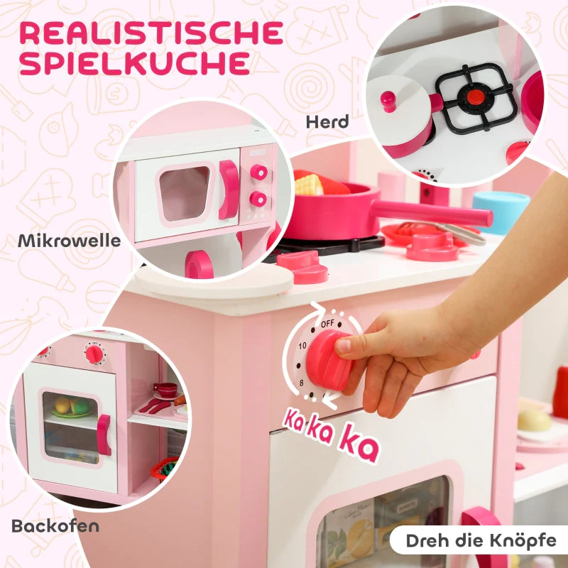 Children's Play Kitchen with Wooden Accessories and Sound Effects, Pink - Image 4